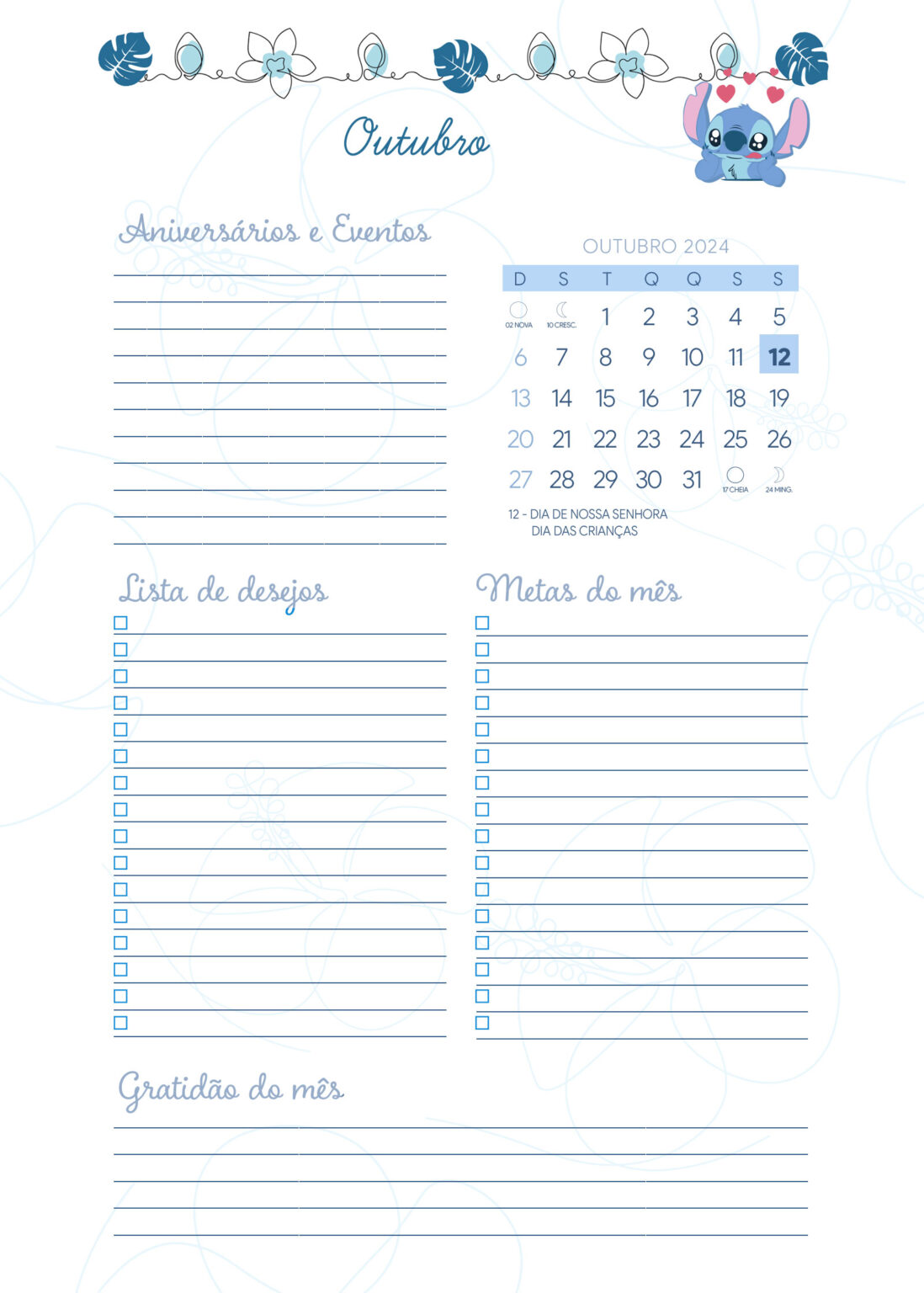 Agenda Outubro Planner 2024 Stitch - Fazendo A Nossa Festa