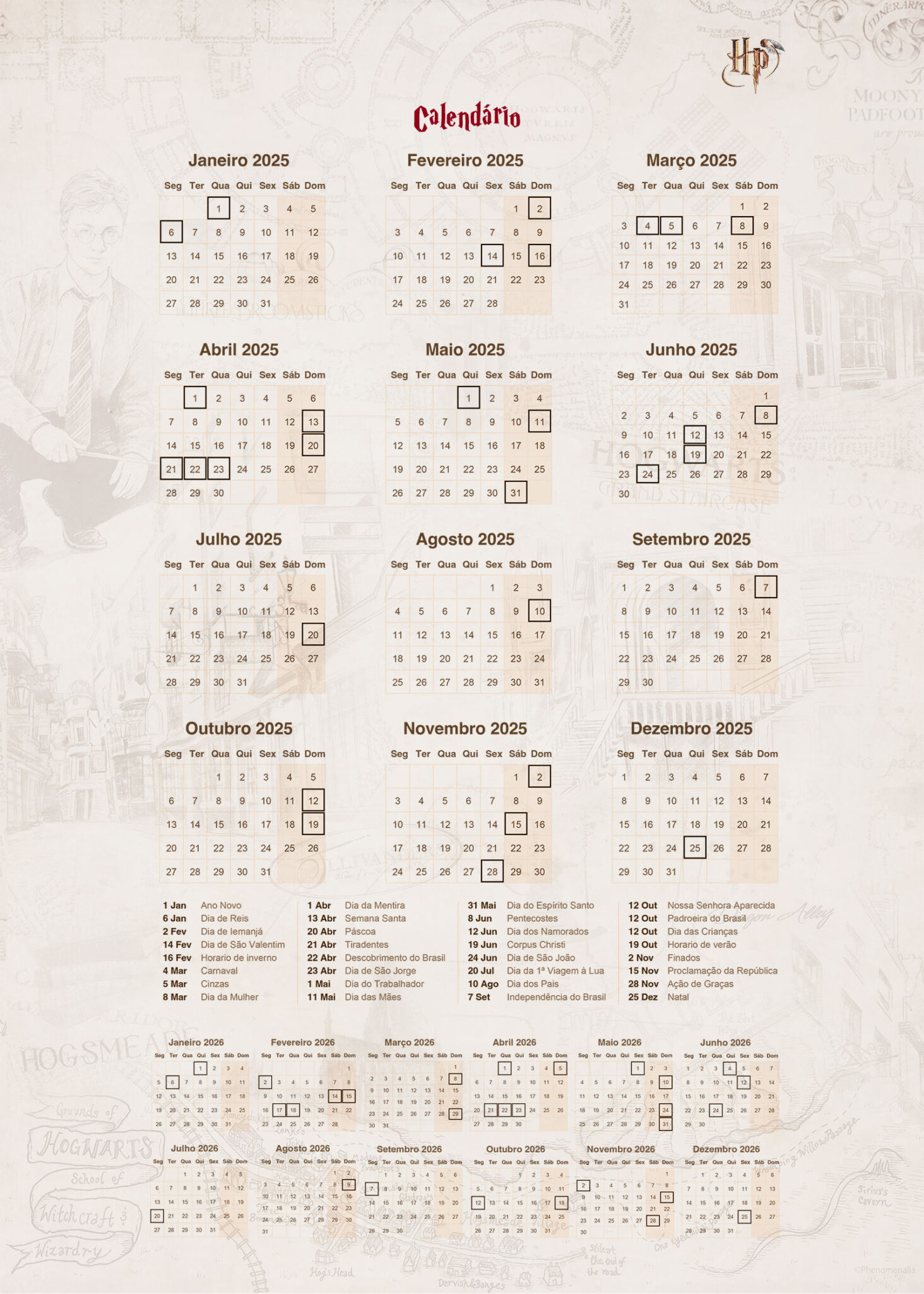 Calendario 2025 Planner 2024 Harry Potter Fazendo a Nossa Festa