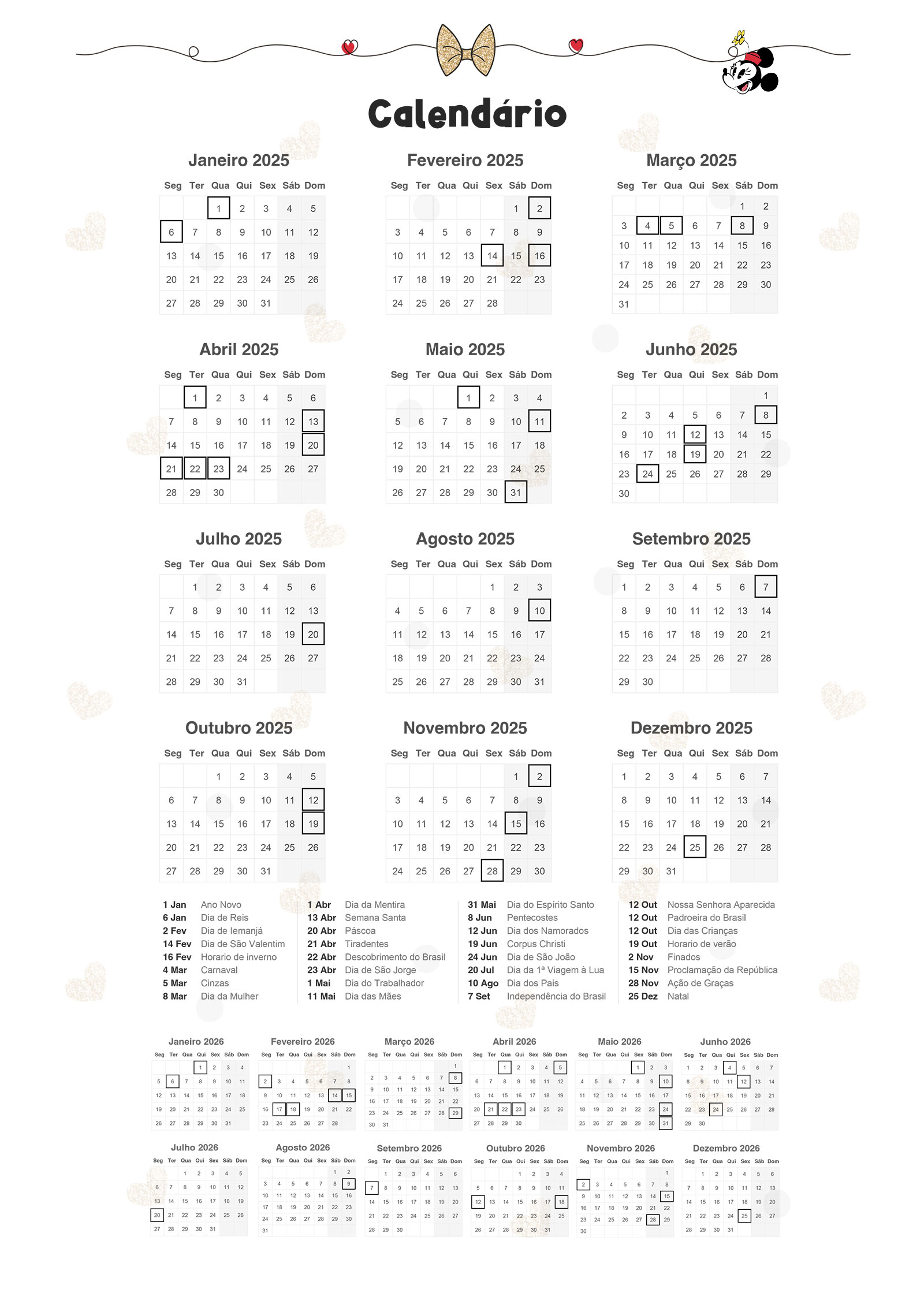 Calendario 2025 Planner 2024 Minnie