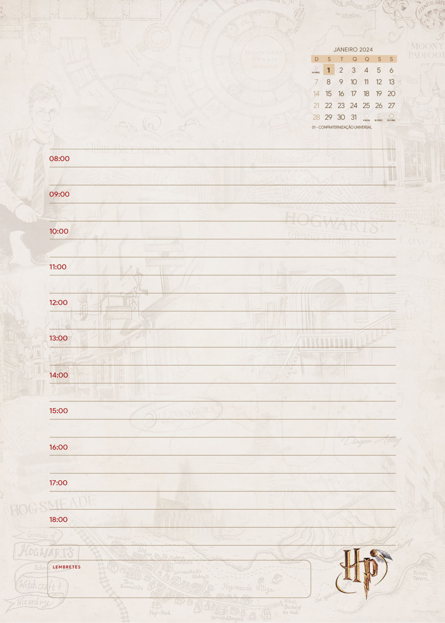 Pagina com Dia e Horas 01 Planner 2024 Harry Potter Fazendo a Nossa Festa