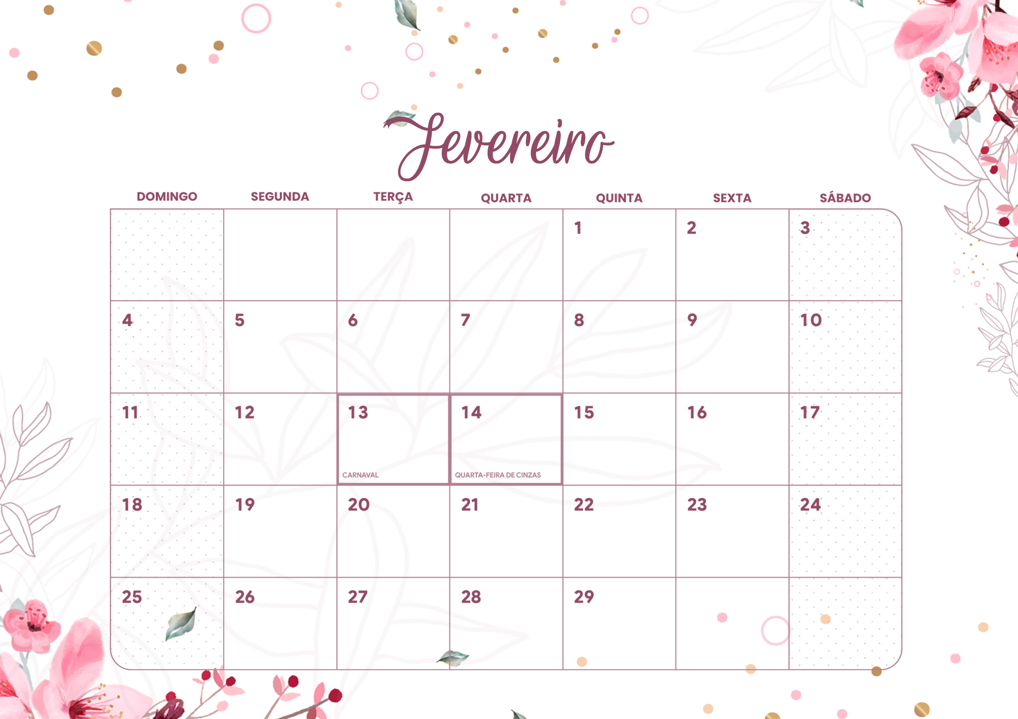 Calendário Mensal 2024 Floral Fevereiro - Fazendo a Nossa Festa