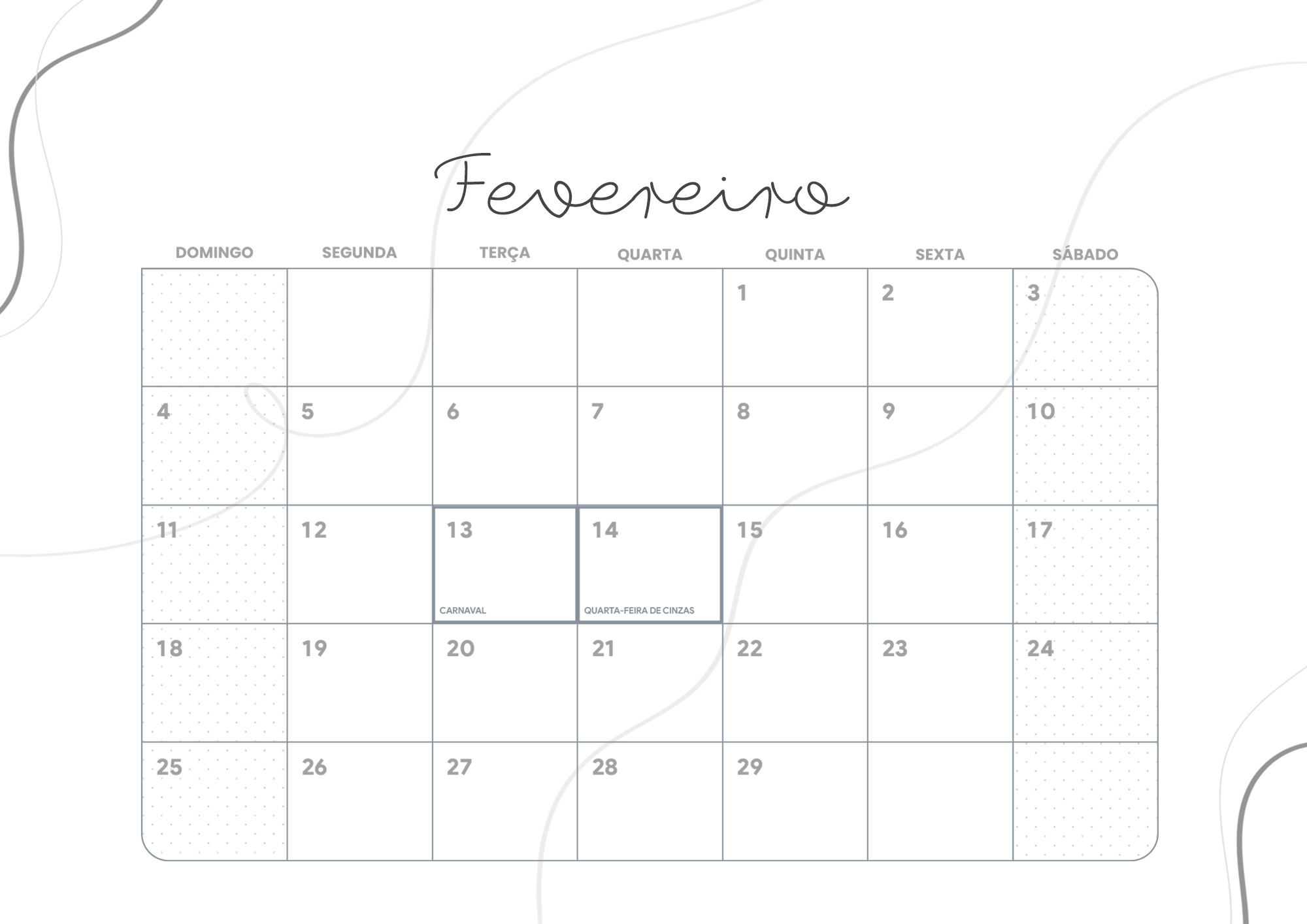 Calendário Mensal 2024 Lettering Fevereiro - Fazendo a Nossa Festa