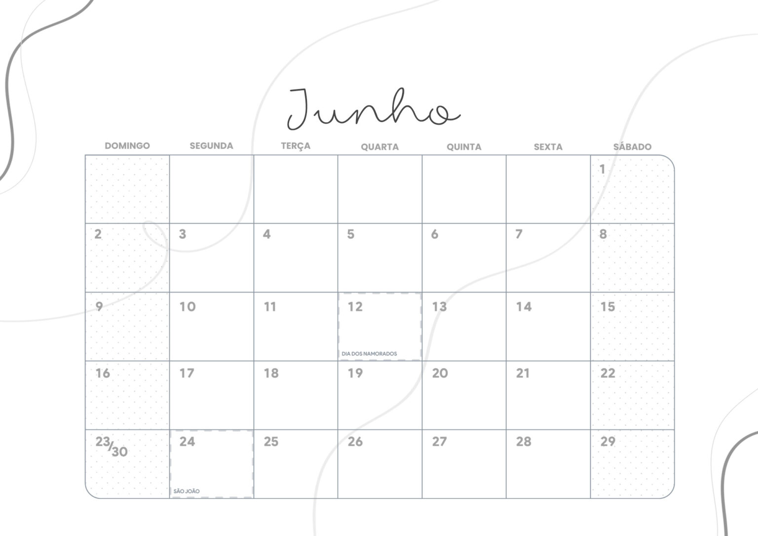 Calendário Mensal 2024 Lettering Junho Fazendo a Nossa Festa