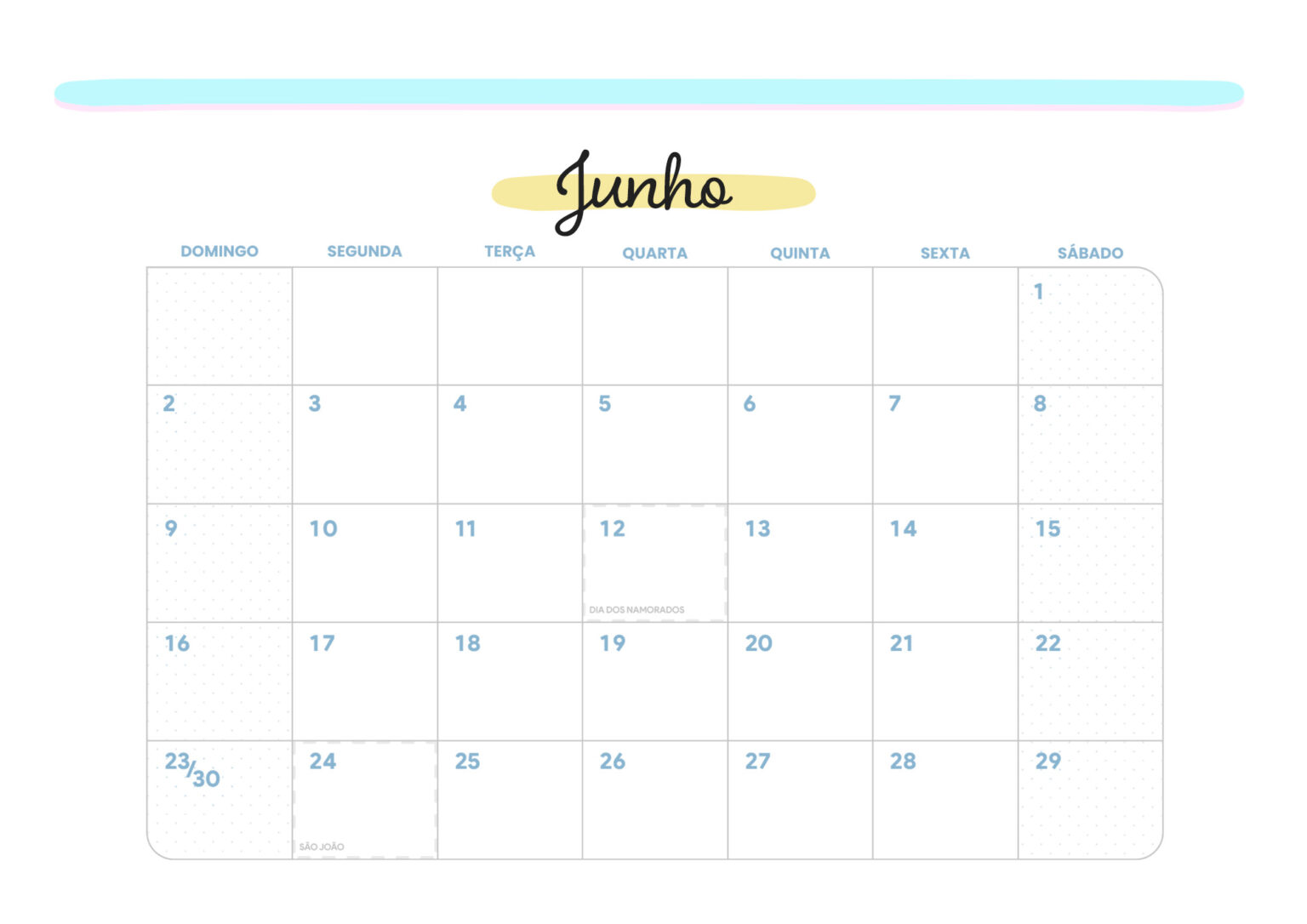 Calendário Mensal Colorido Junho Colorido - Fazendo a Nossa Festa