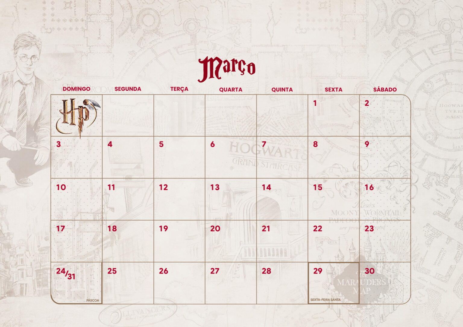 Calendário Mensal Harry Potter Marco Fazendo a Nossa Festa