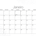 Calendario Mensal Janeiro Minimalista Preto e Branco