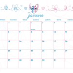 Calendario Mensal Janeiro Stitch e Angel