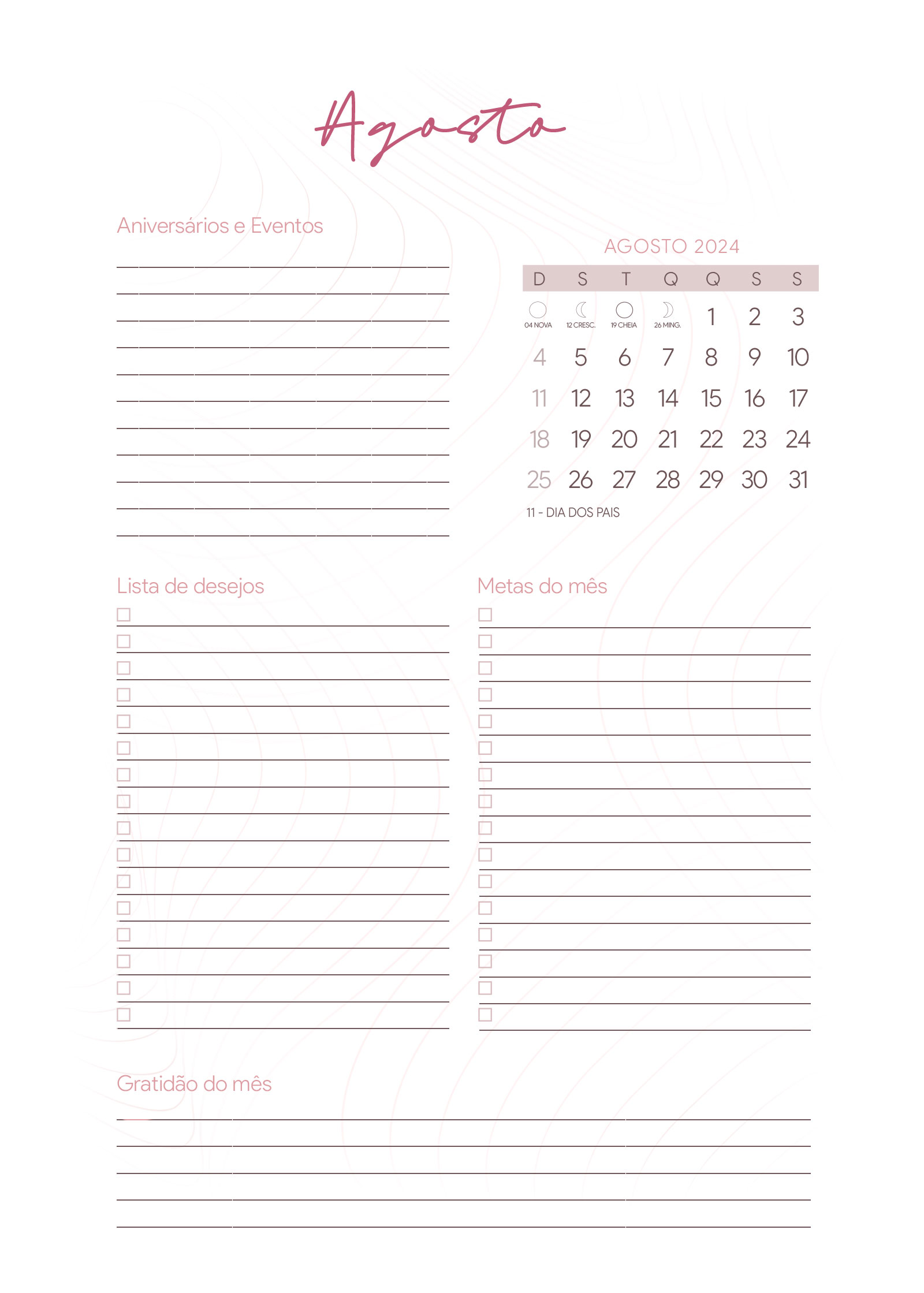 Agenda Agosto do Planner Letras com Capa Editavel