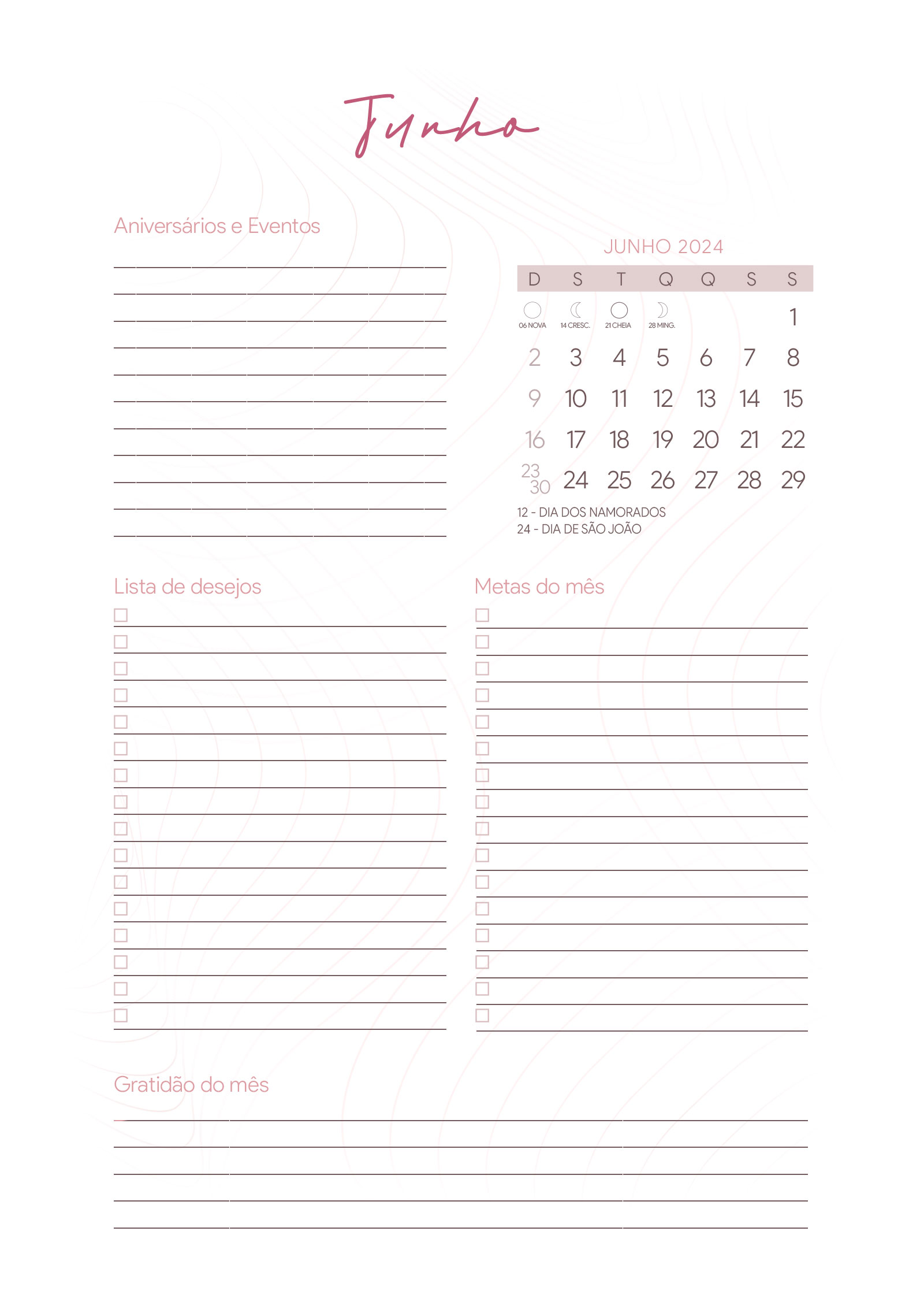 Agenda Junho do Planner Letras com Capa Editavel