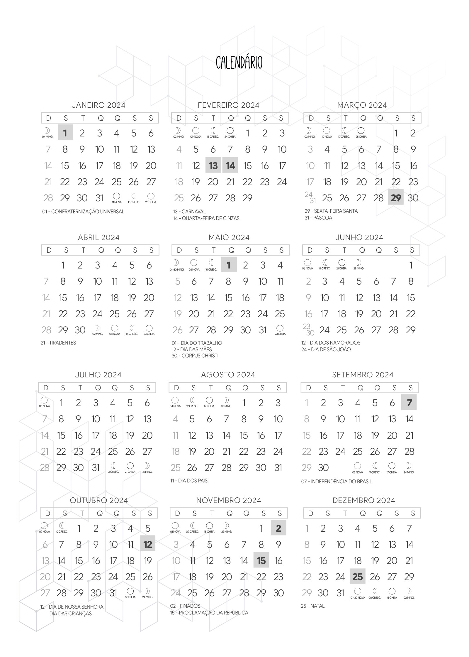 Calendario 2024 Planner 2024 Xadrez Cinza