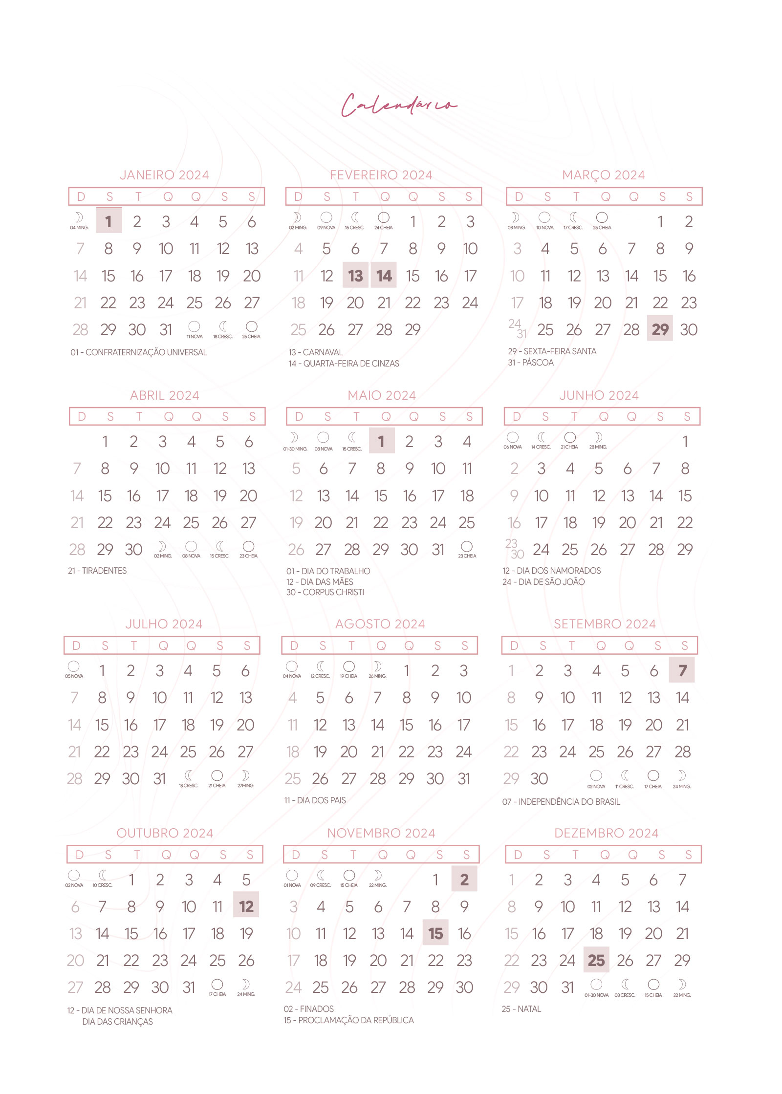 Calendario 2024 do Planner Letras com Capa Editavel
