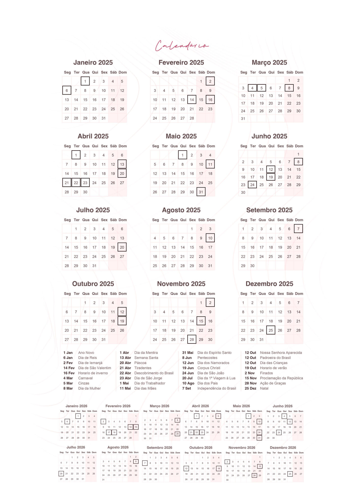 Calendario 2025 do Planner Letras com Capa Editavel Fazendo a Nossa Festa