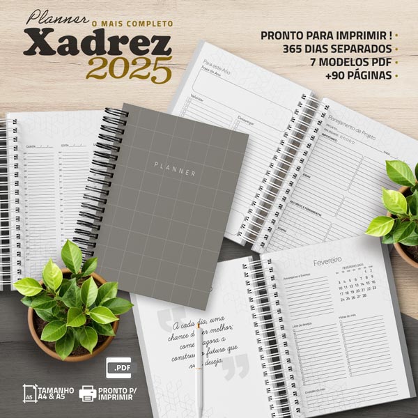 Planner Xadrez Cinza 2025 para imprimir