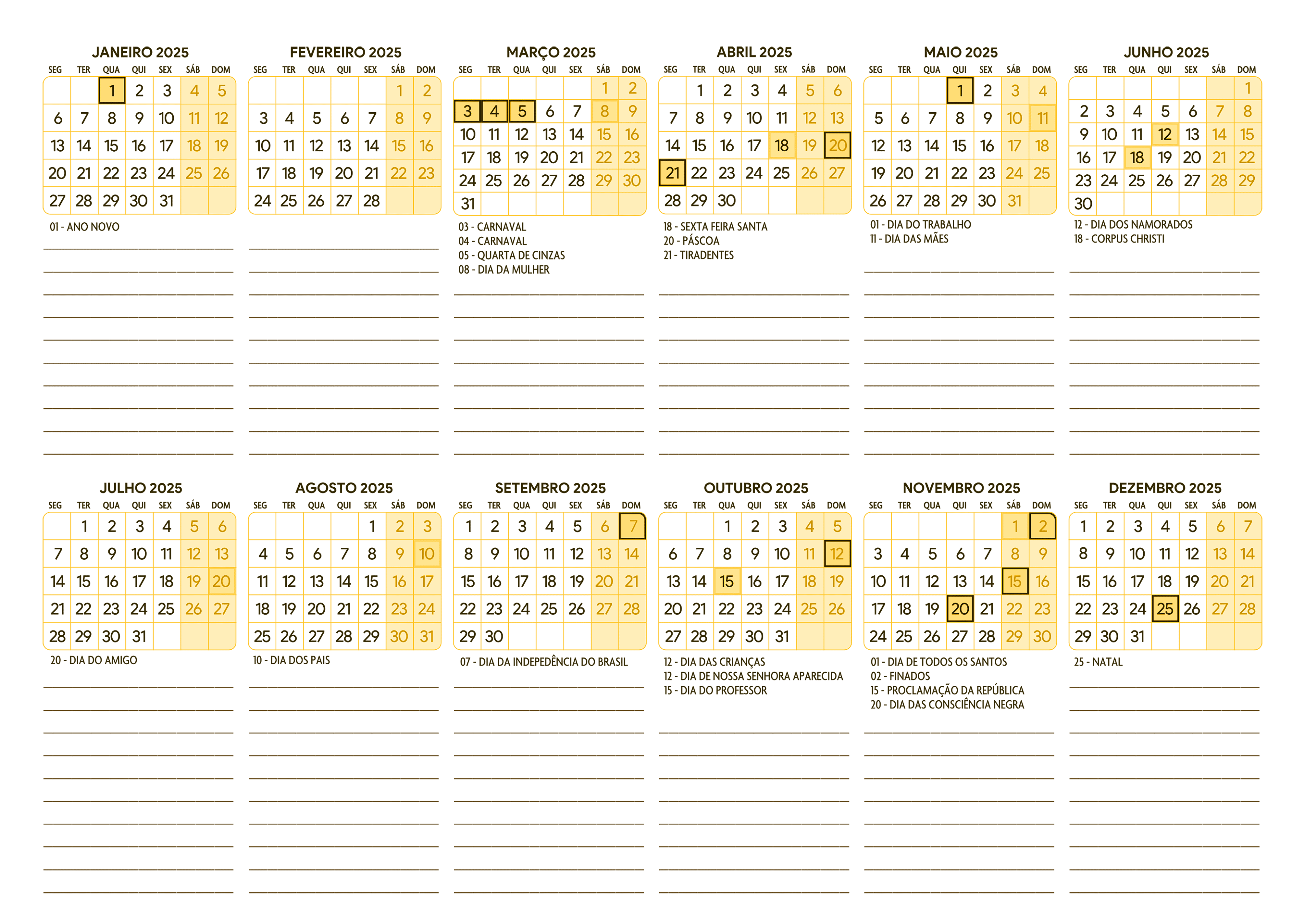 Calendario 2025 A4 Horizontal Amarelo