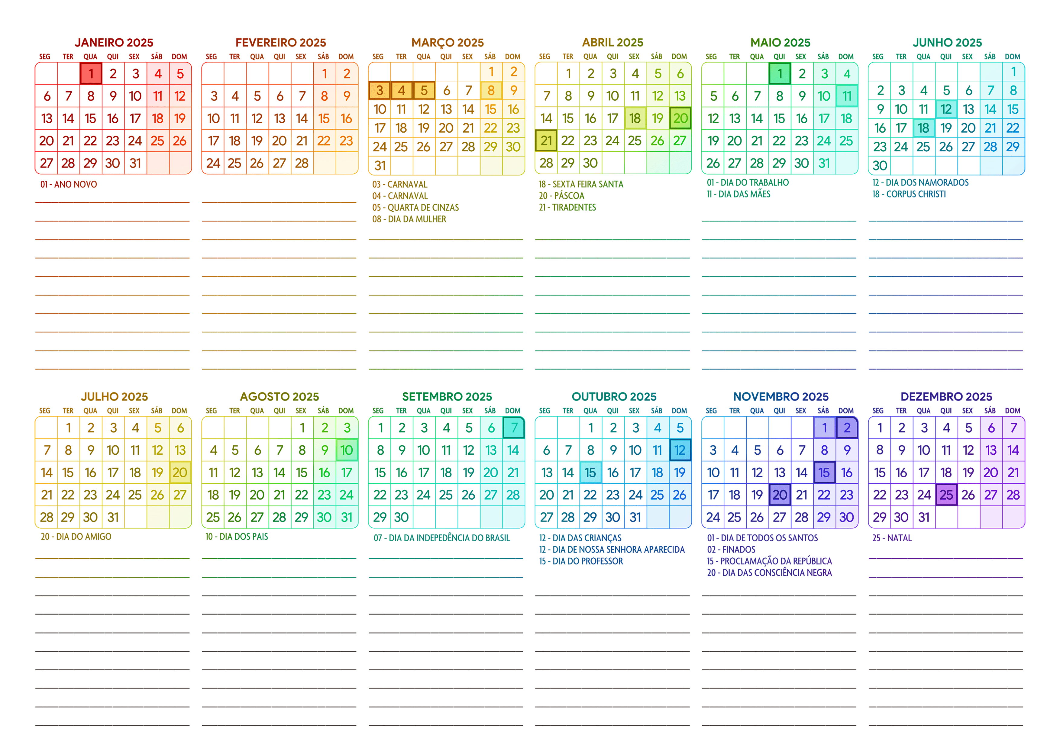 Calendario 2025 A4 Horizontal Arco Iris