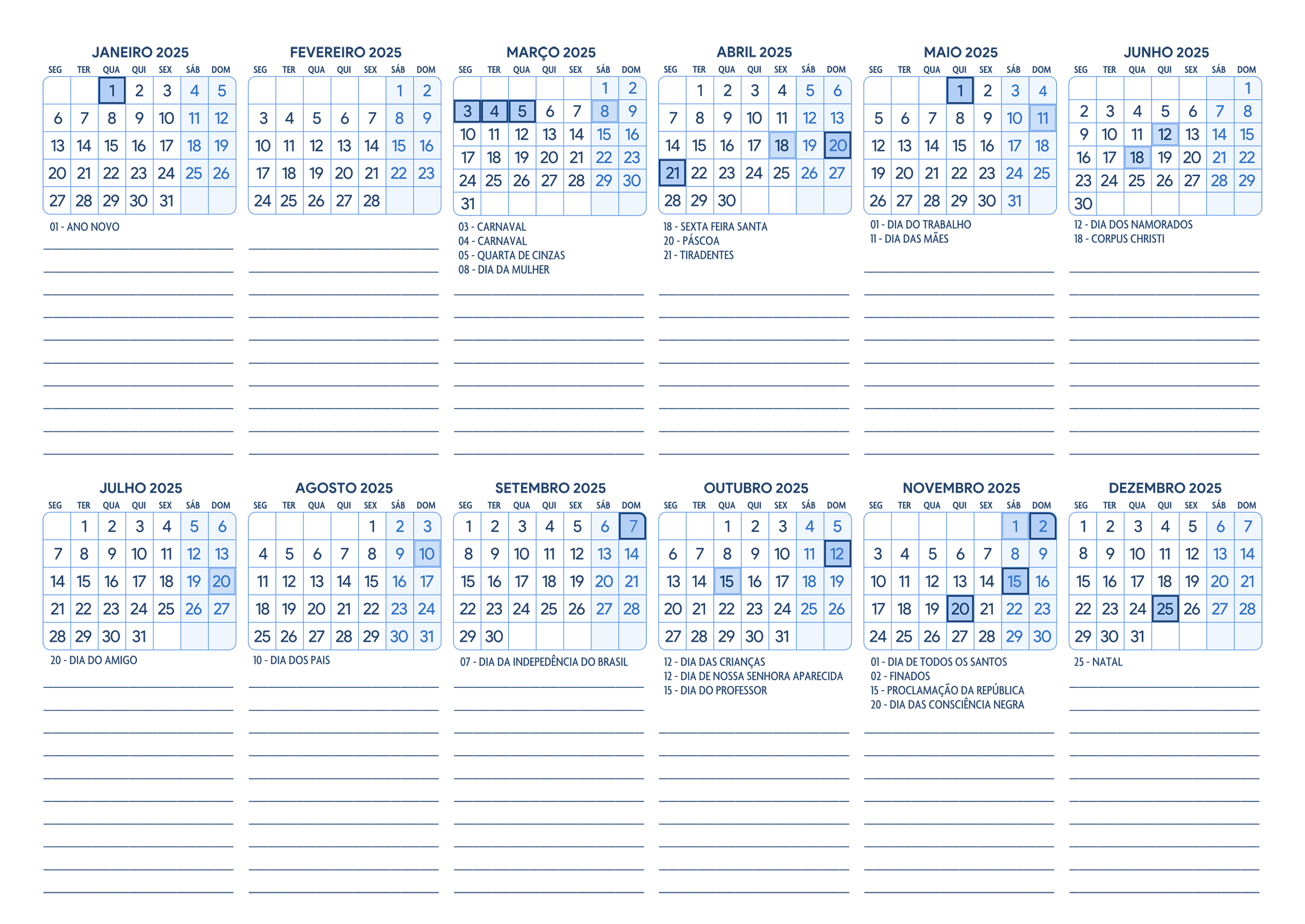 Calendario 2025 A4 Horizontal Azul