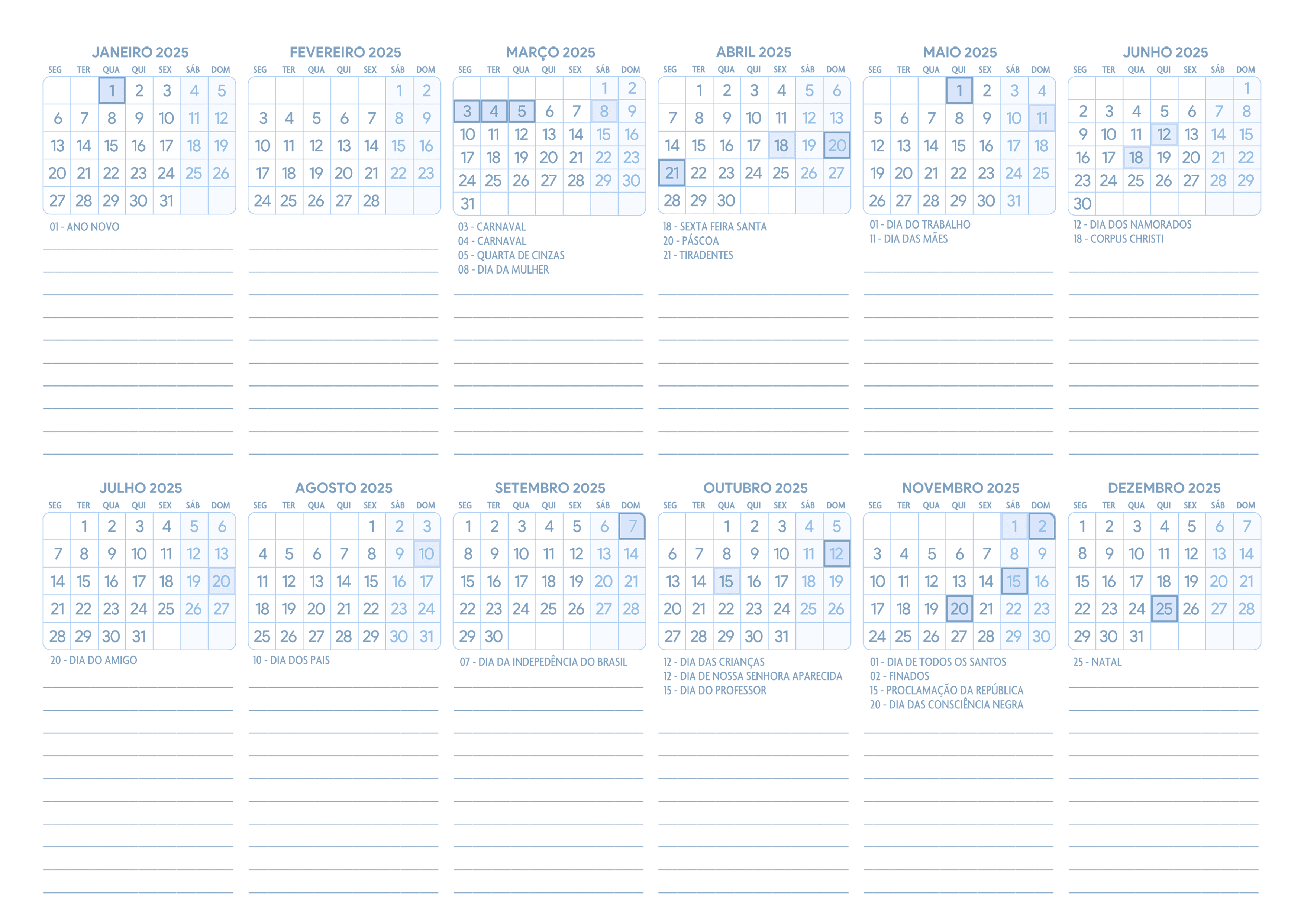 Calendario 2025 A4 Horizontal Azul Claro