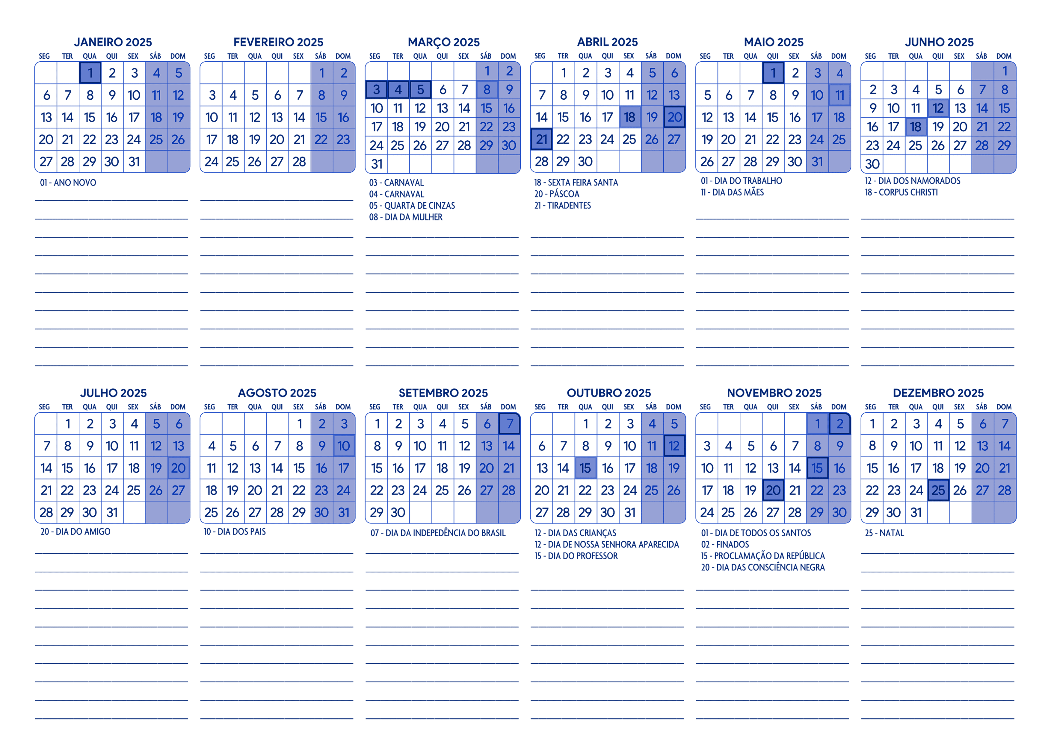 Calendario 2025 A4 Horizontal Azul Marinho