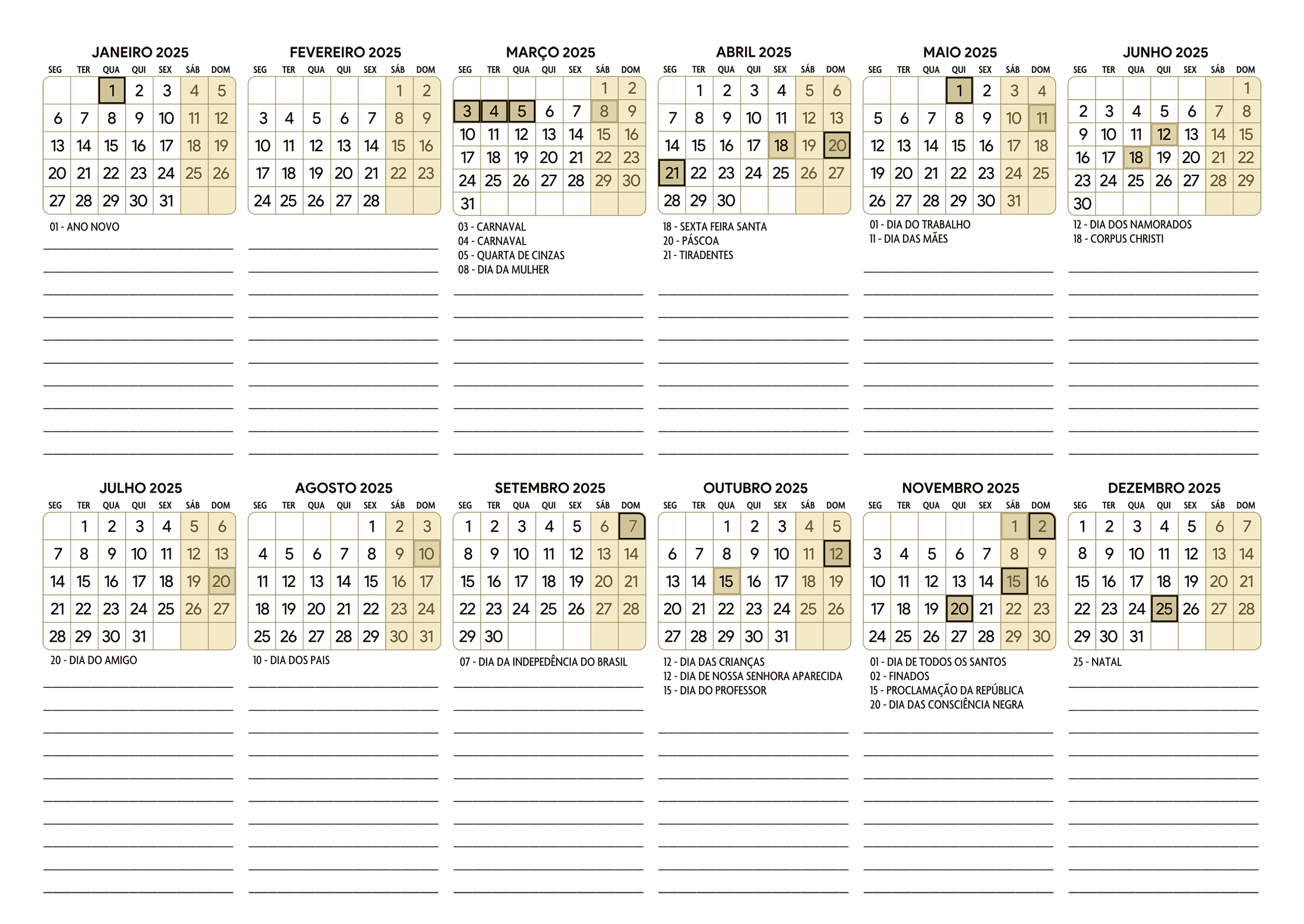 Calendario 2025 A4 Horizontal Bege