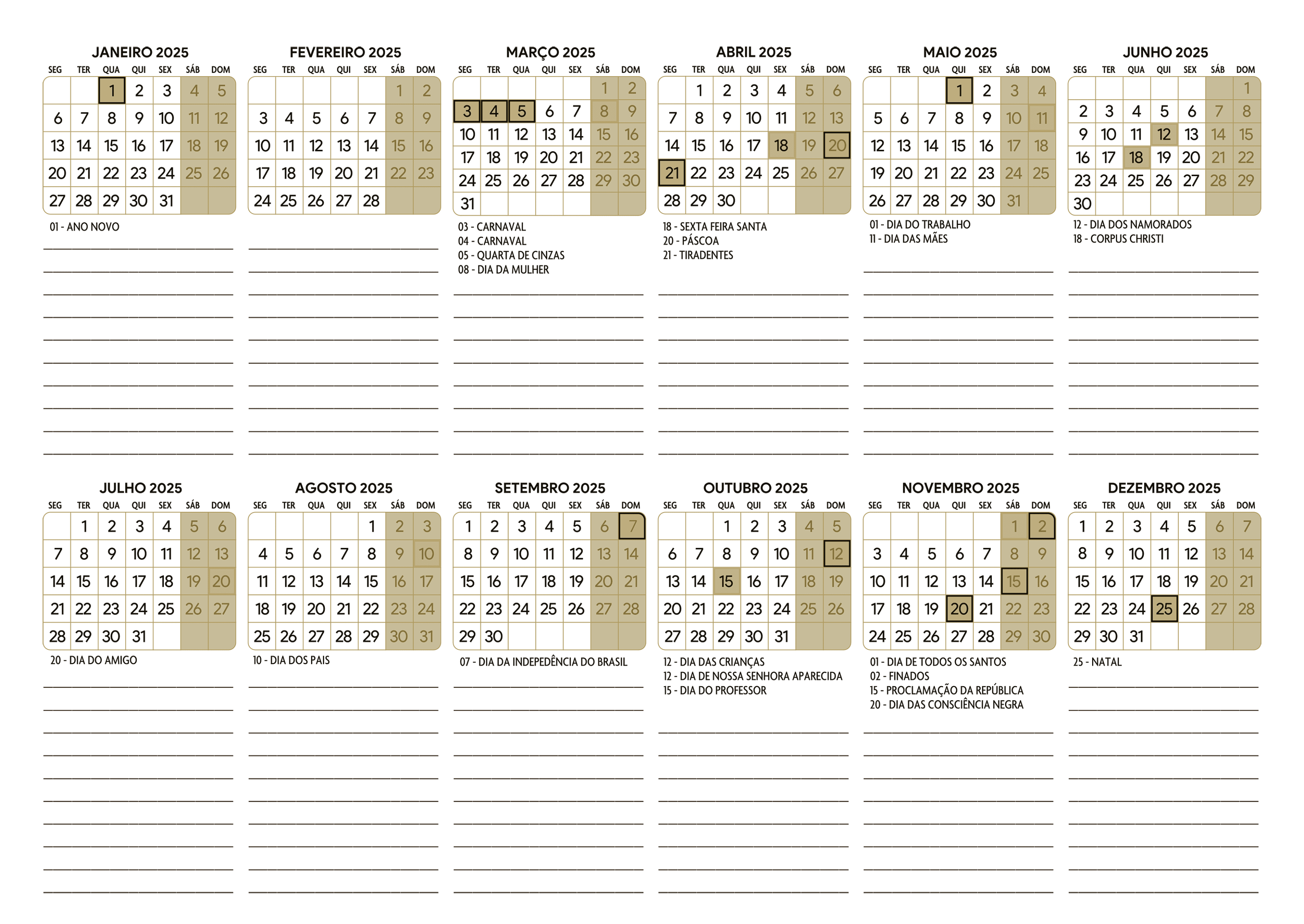 Calendario 2025 A4 Horizontal Dourado