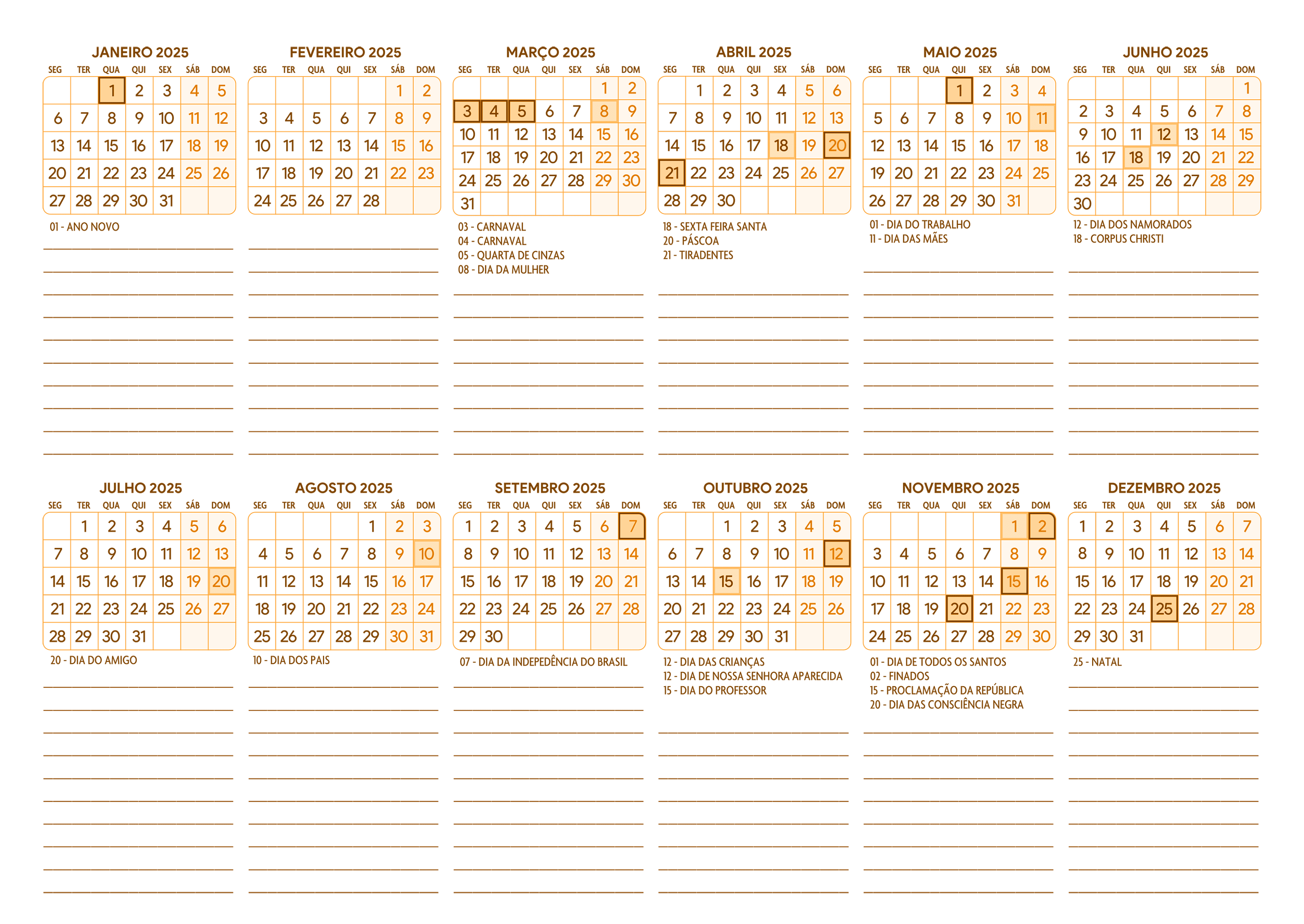 Calendario 2025 A4 Horizontal Laranja