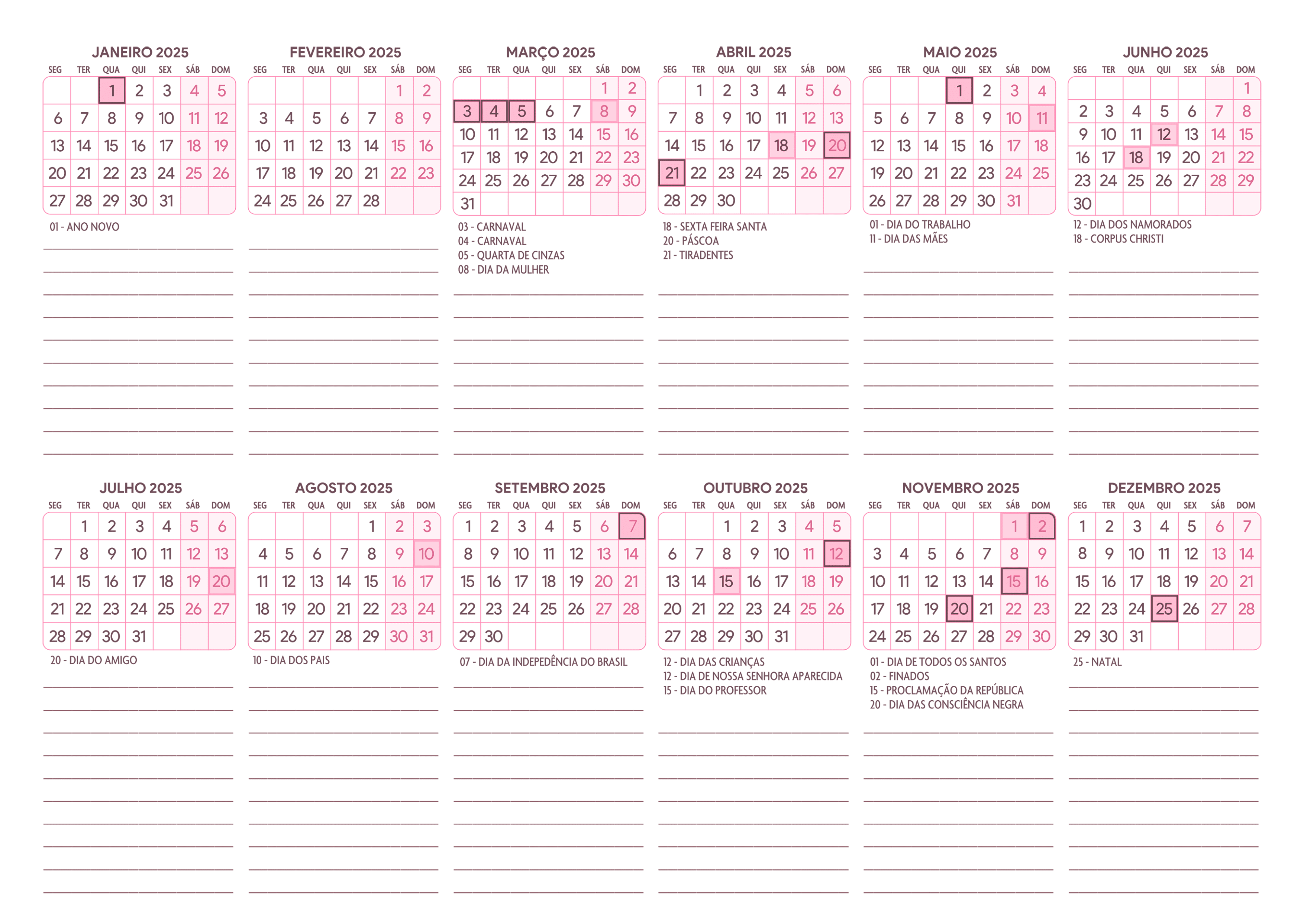 Calendario 2025 A4 Horizontal Rosa