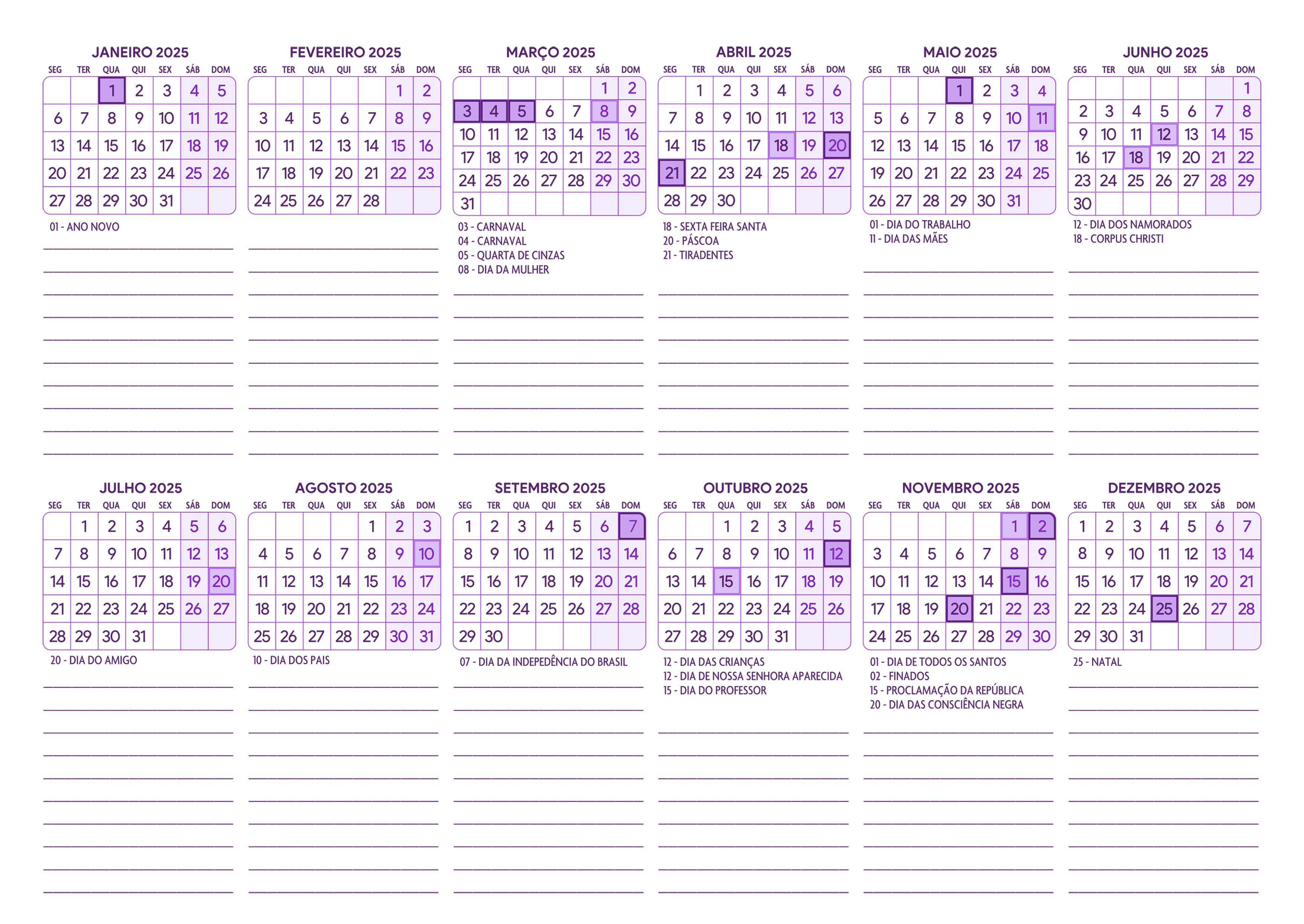 Calendario 2025 A4 Horizontal Roxo