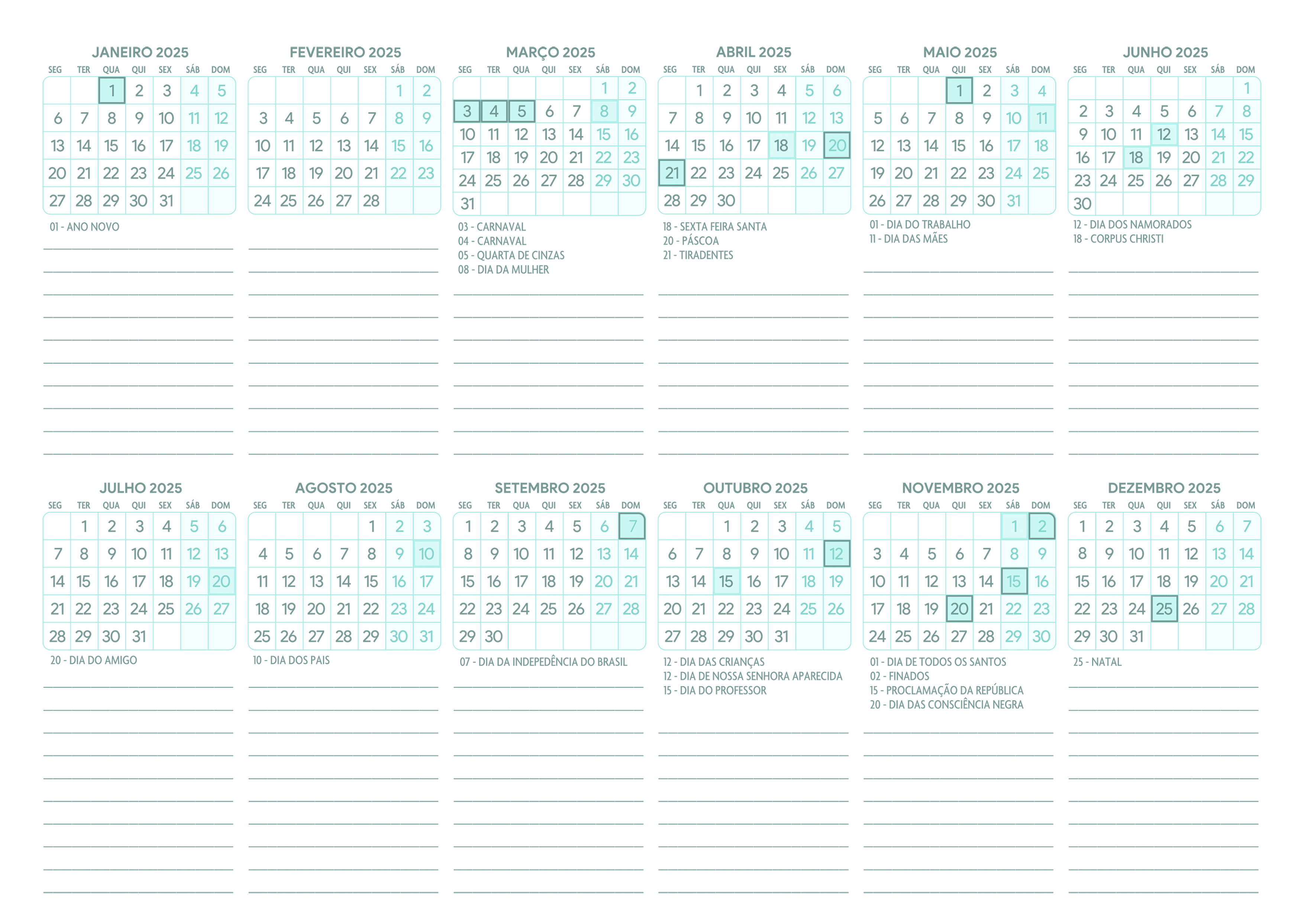 Calendario 2025 A4 Horizontal Turquesa