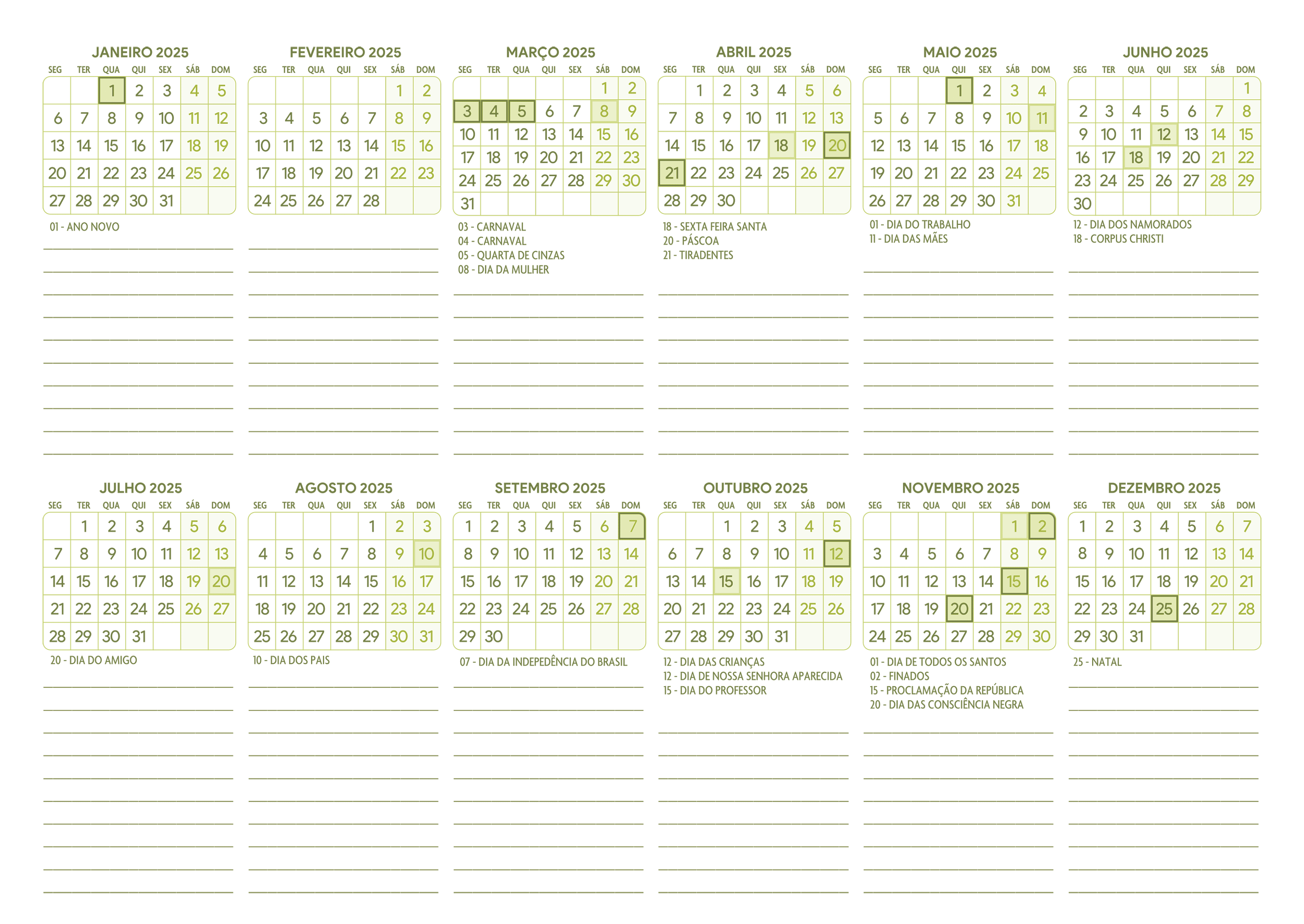 Calendario 2025 A4 Horizontal Verde