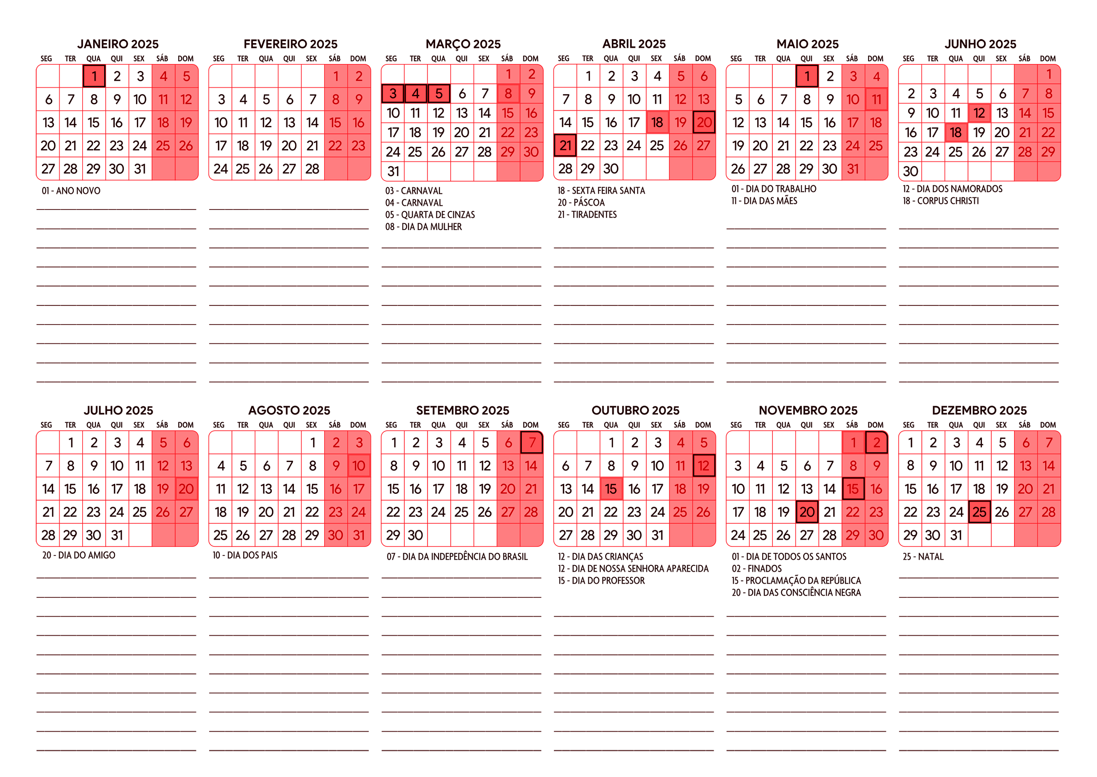 Calendario 2025 A4 Horizontal Vermelho