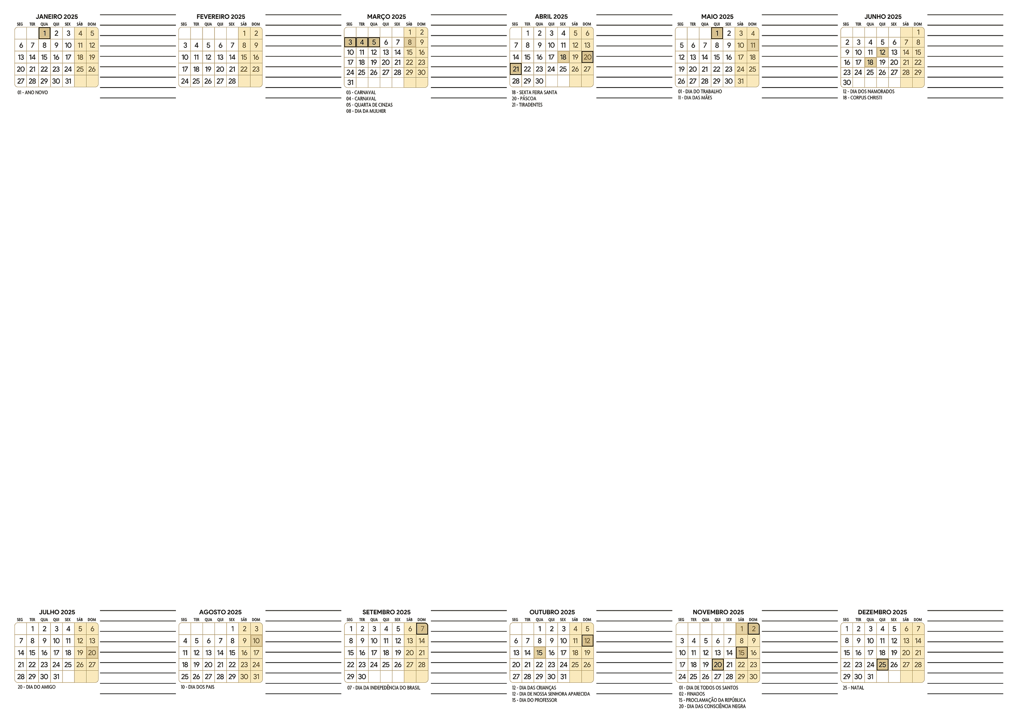 Calendario 2025 Blog Horizontal Dourado