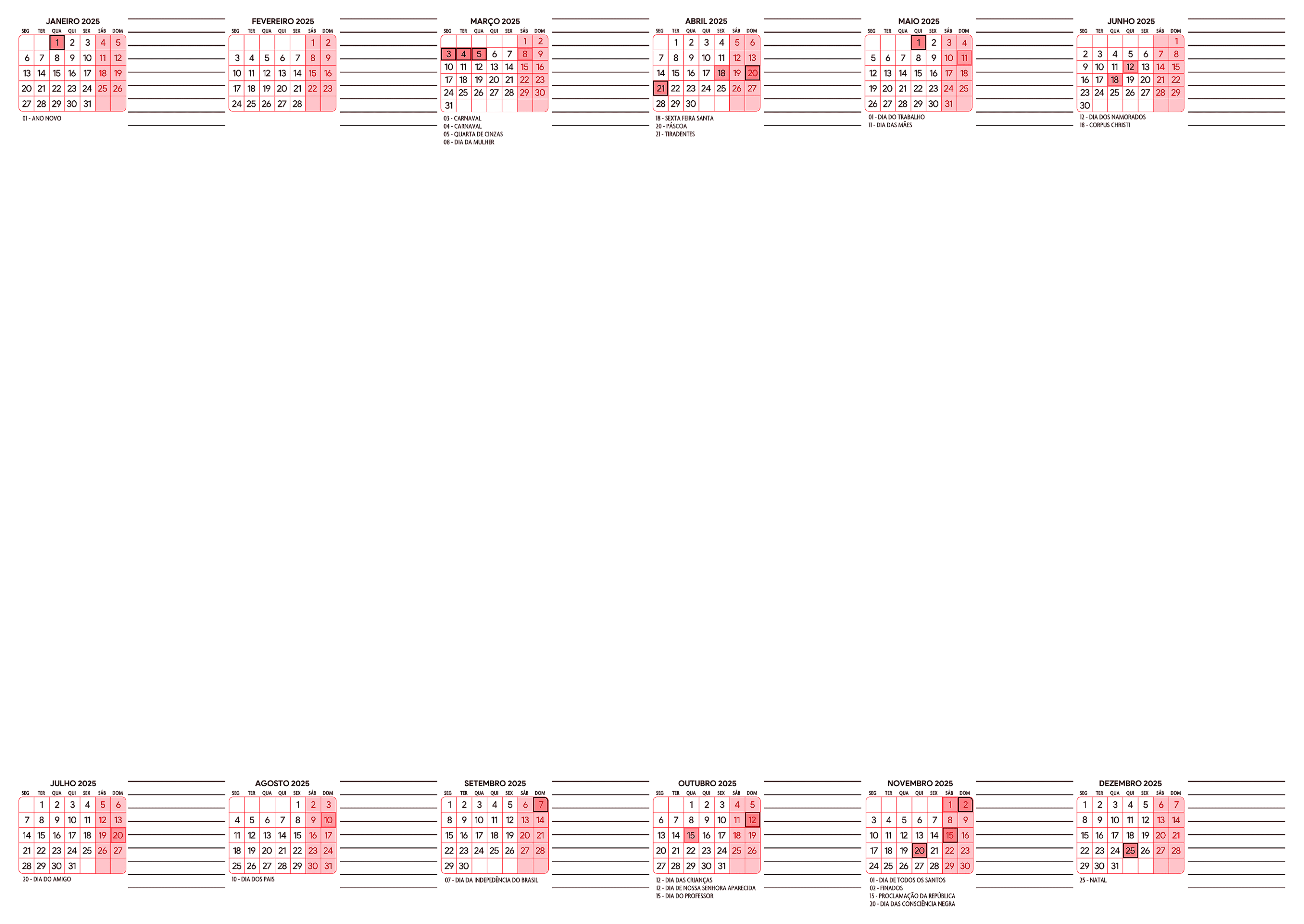 Calendario 2025 Blog Horizontal Vermelho