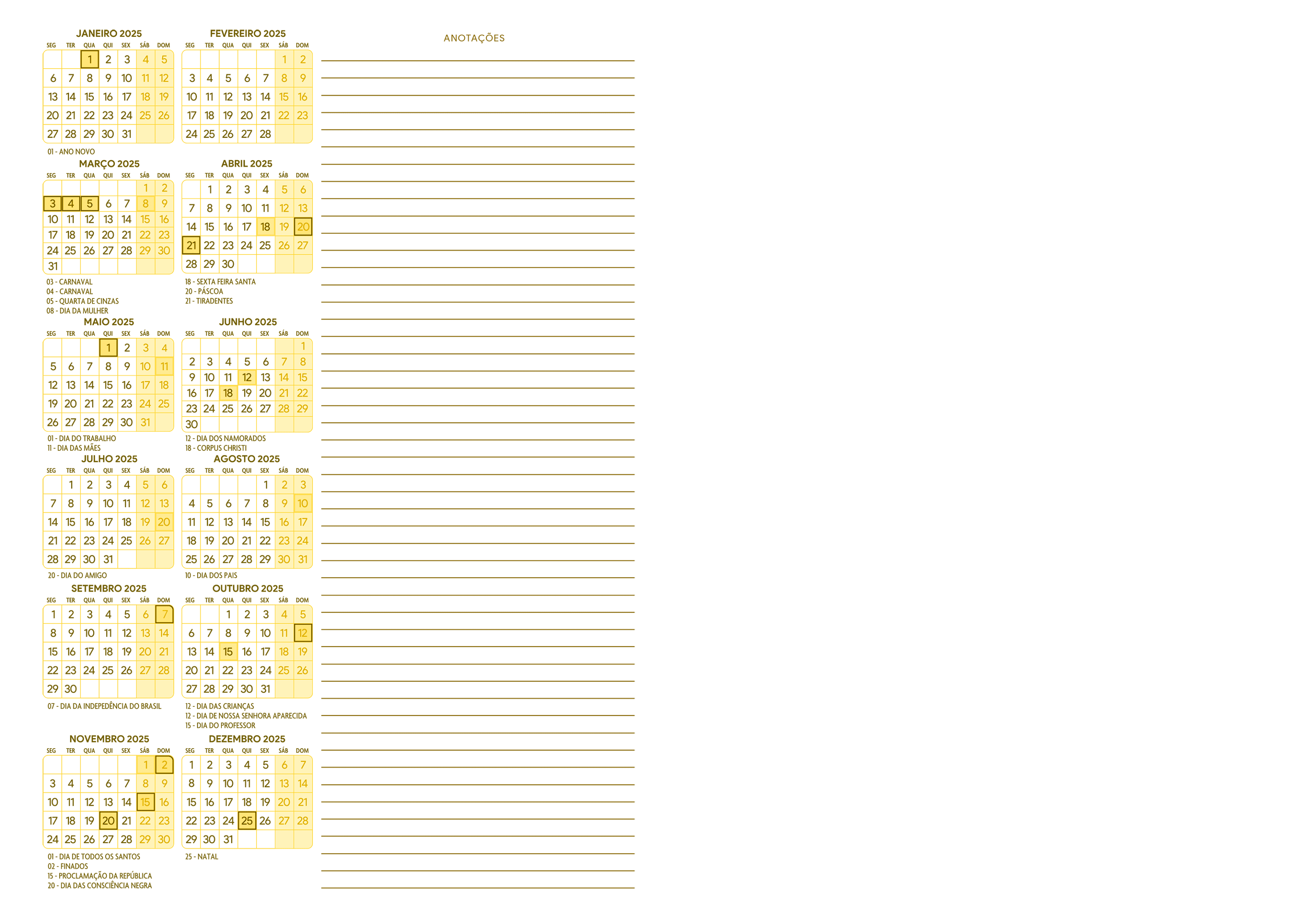 Calendario 2025 Meia A4 A5 Amarelo