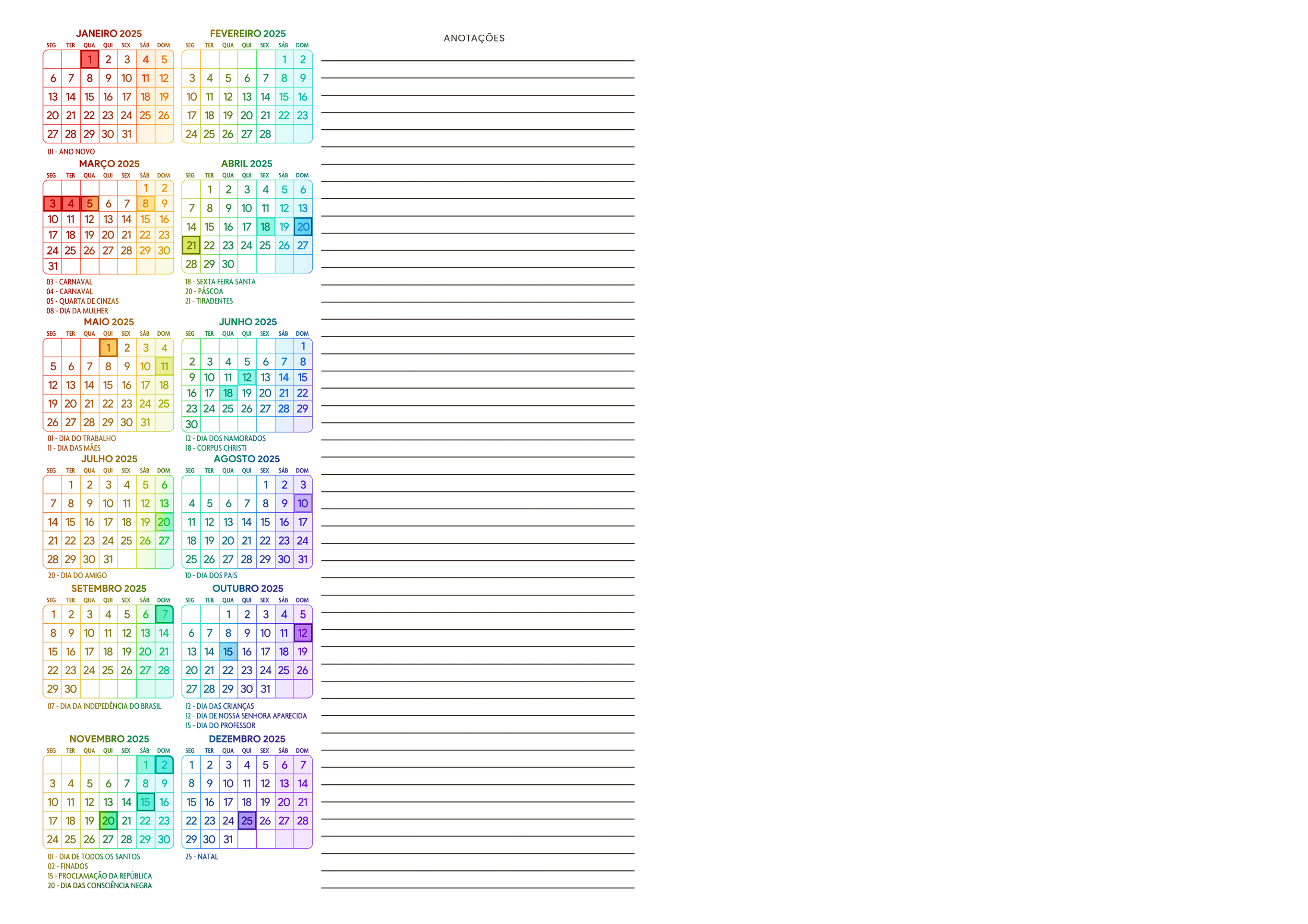 Calendario 2025 Meia A4 A5 Arco Iris