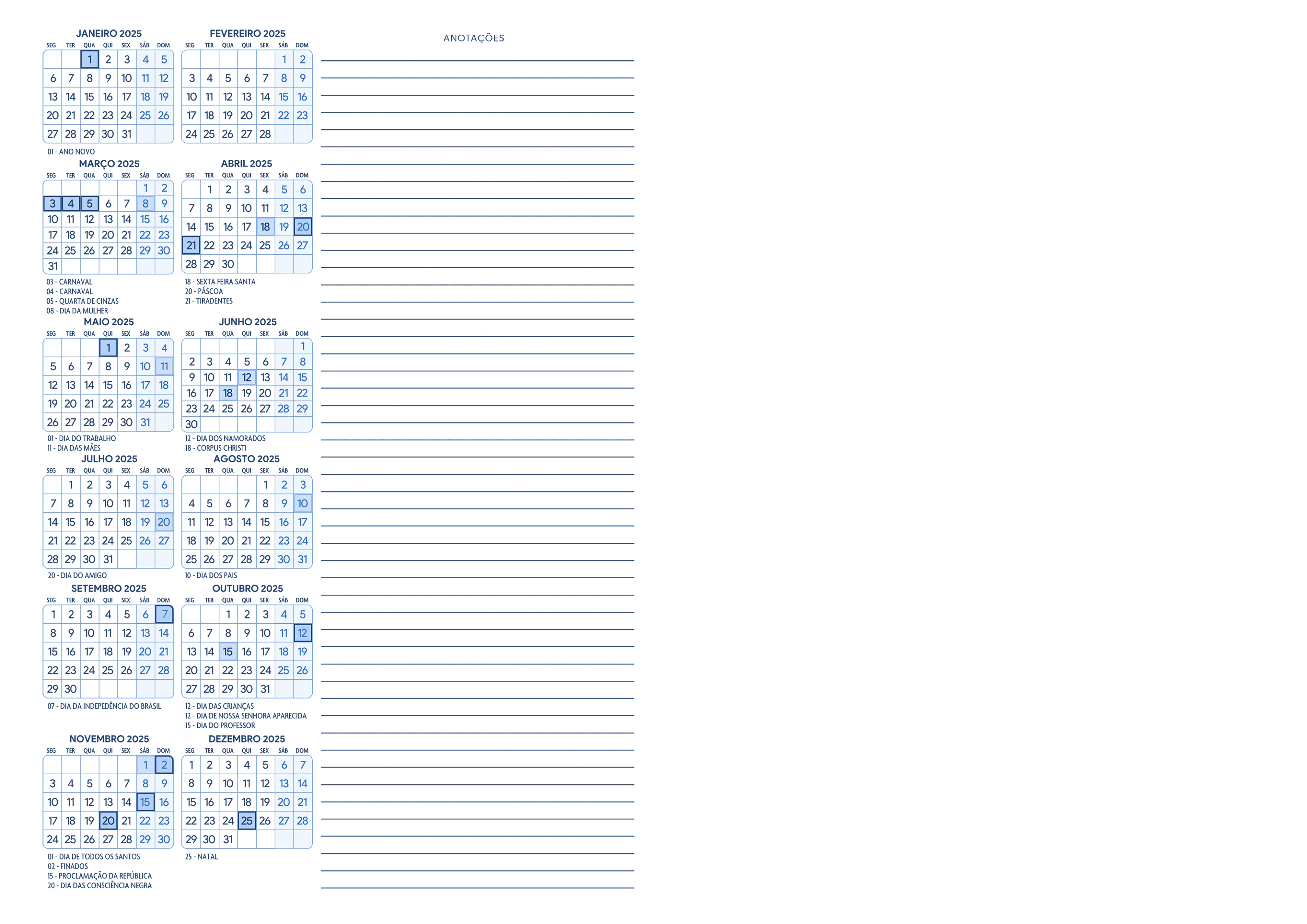 Calendario 2025 Meia A4 A5 Azul