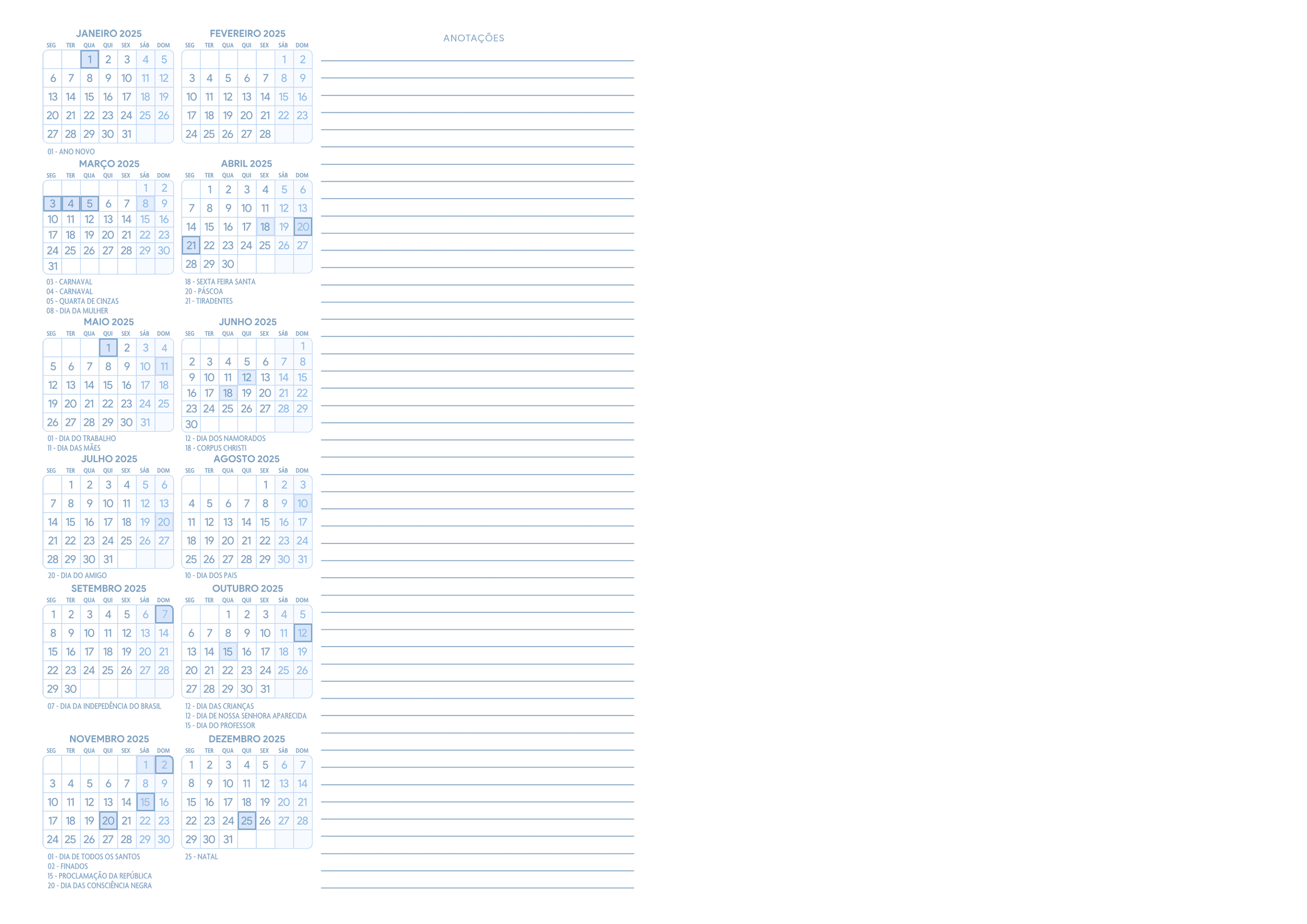 Calendario 2025 Meia A4 A5 Azul Claro