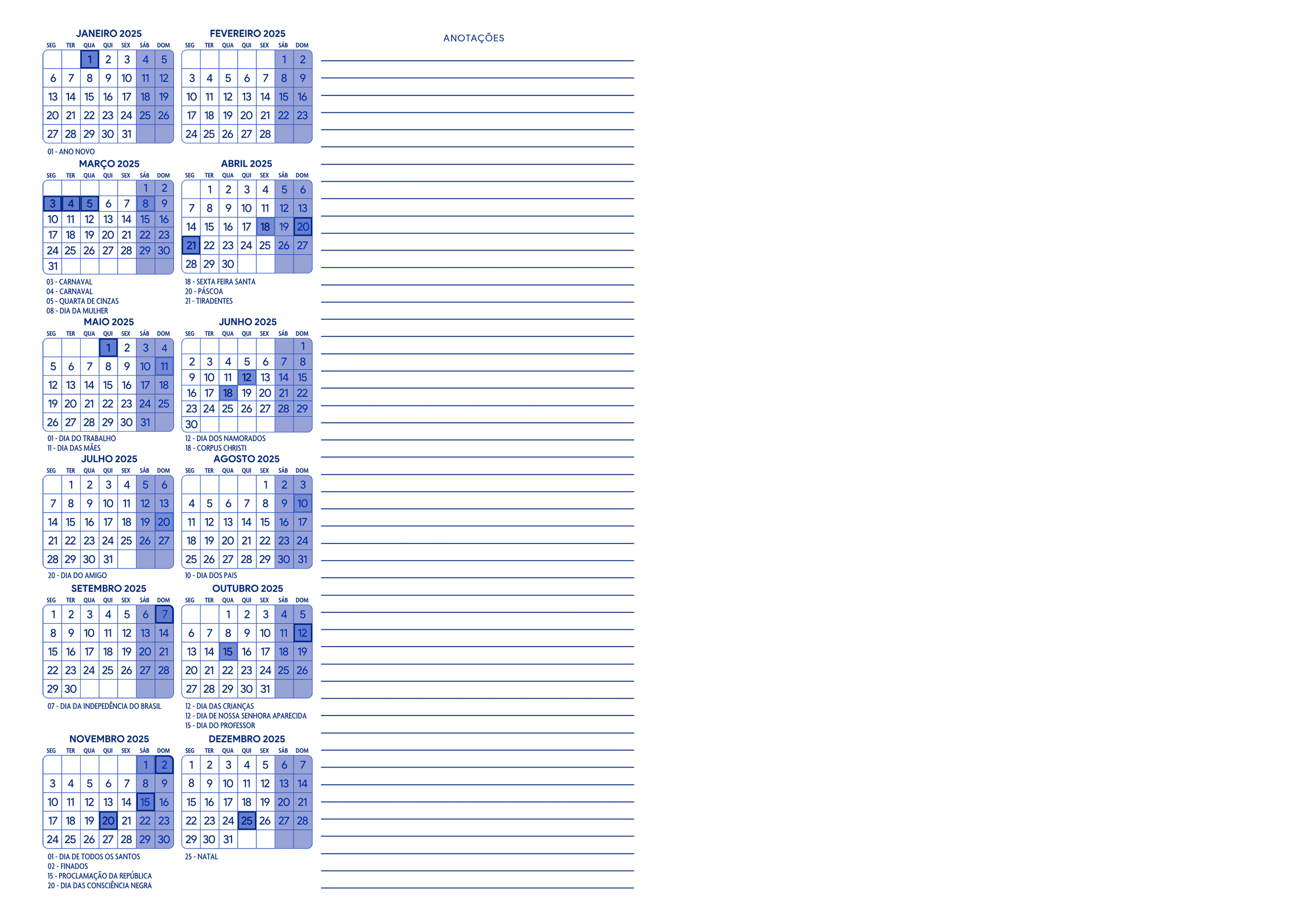 Calendario 2025 Meia A4 A5 Azul Marinho