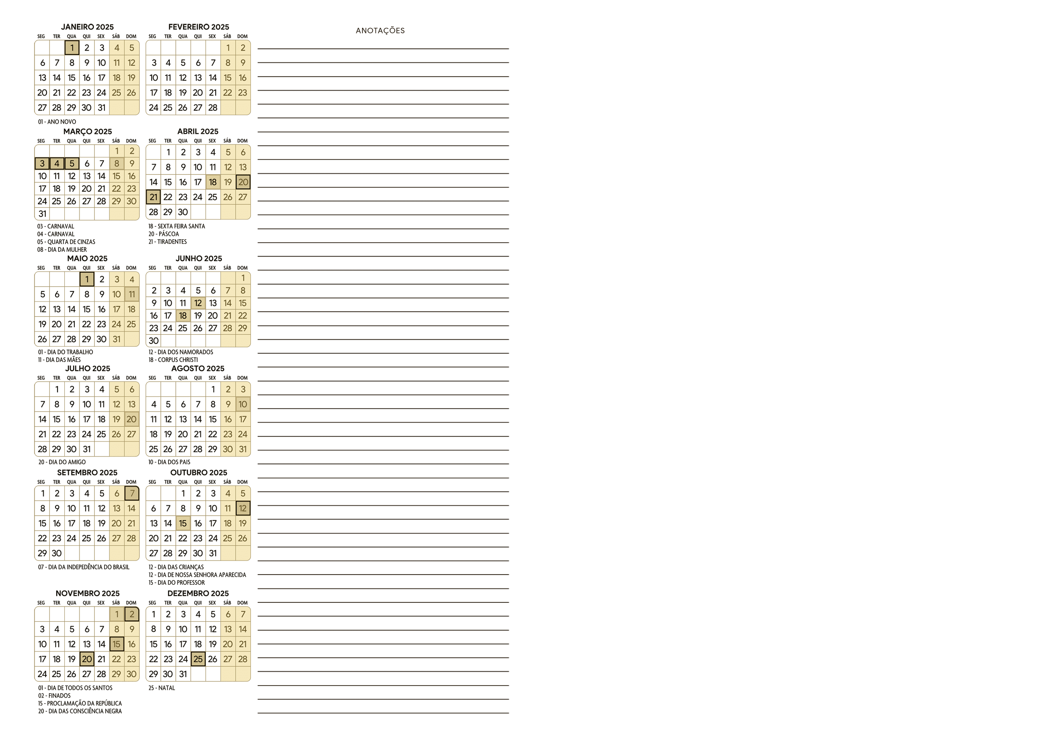 Calendario 2025 Meia A4 A5 Bege