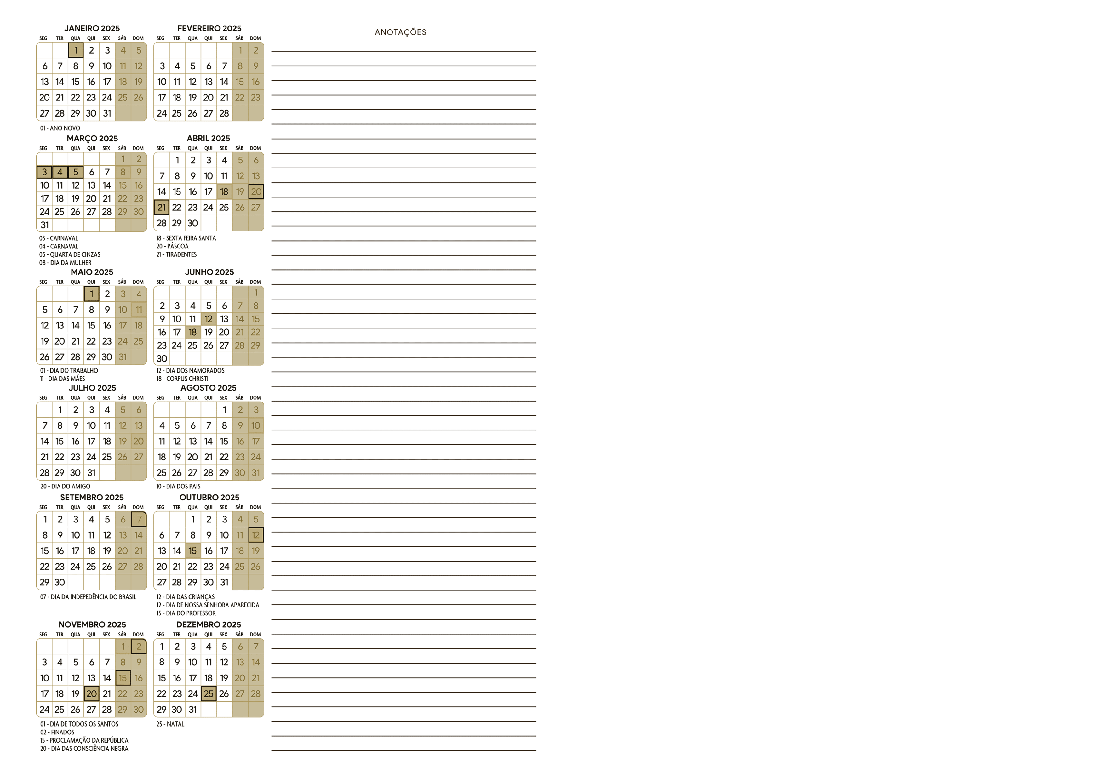 Calendario 2025 Meia A4 A5 Dourado