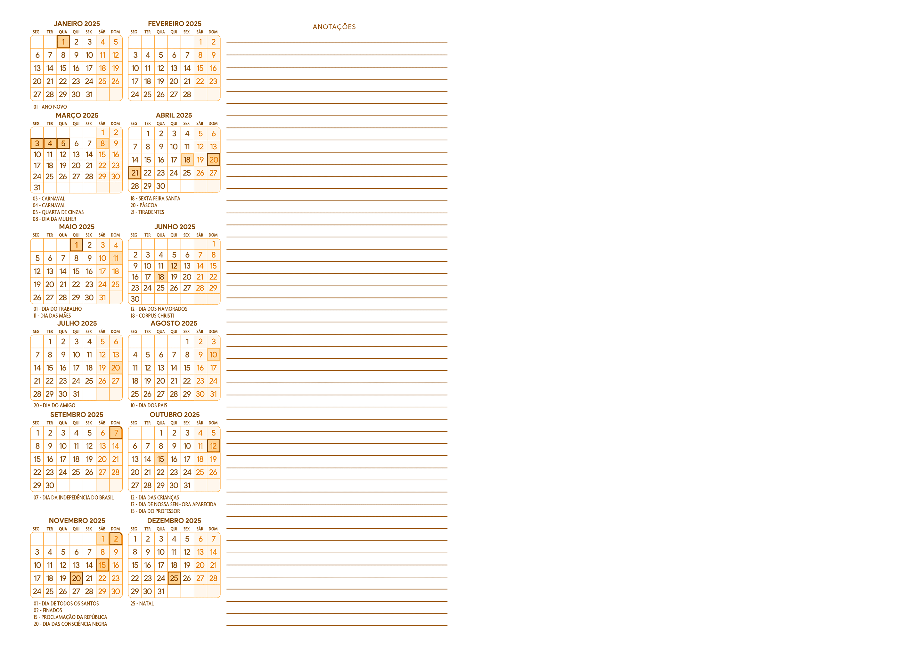 Calendario 2025 Meia A4 A5 Laranja