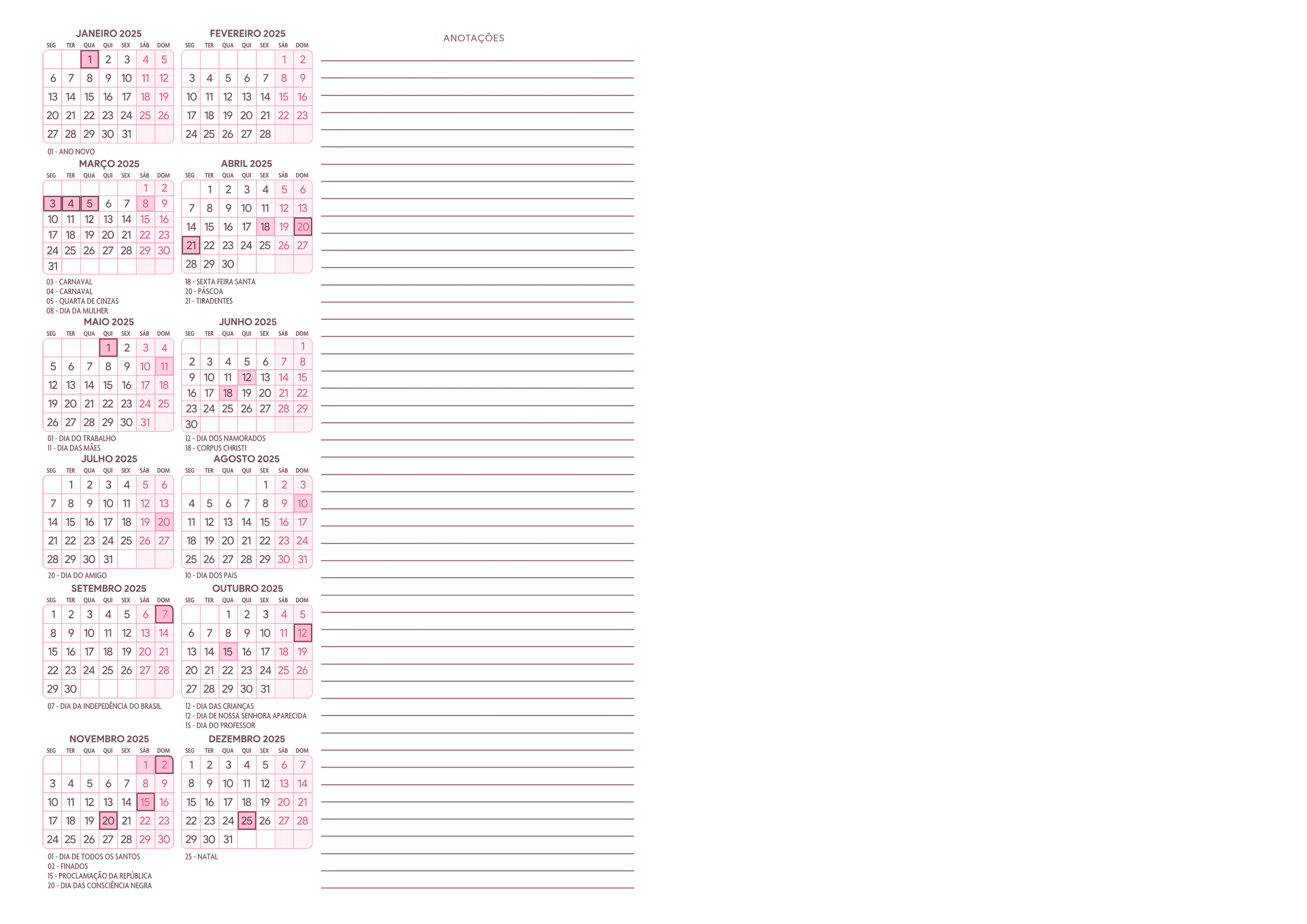 Calendario 2025 Meia A4 A5 Rosa