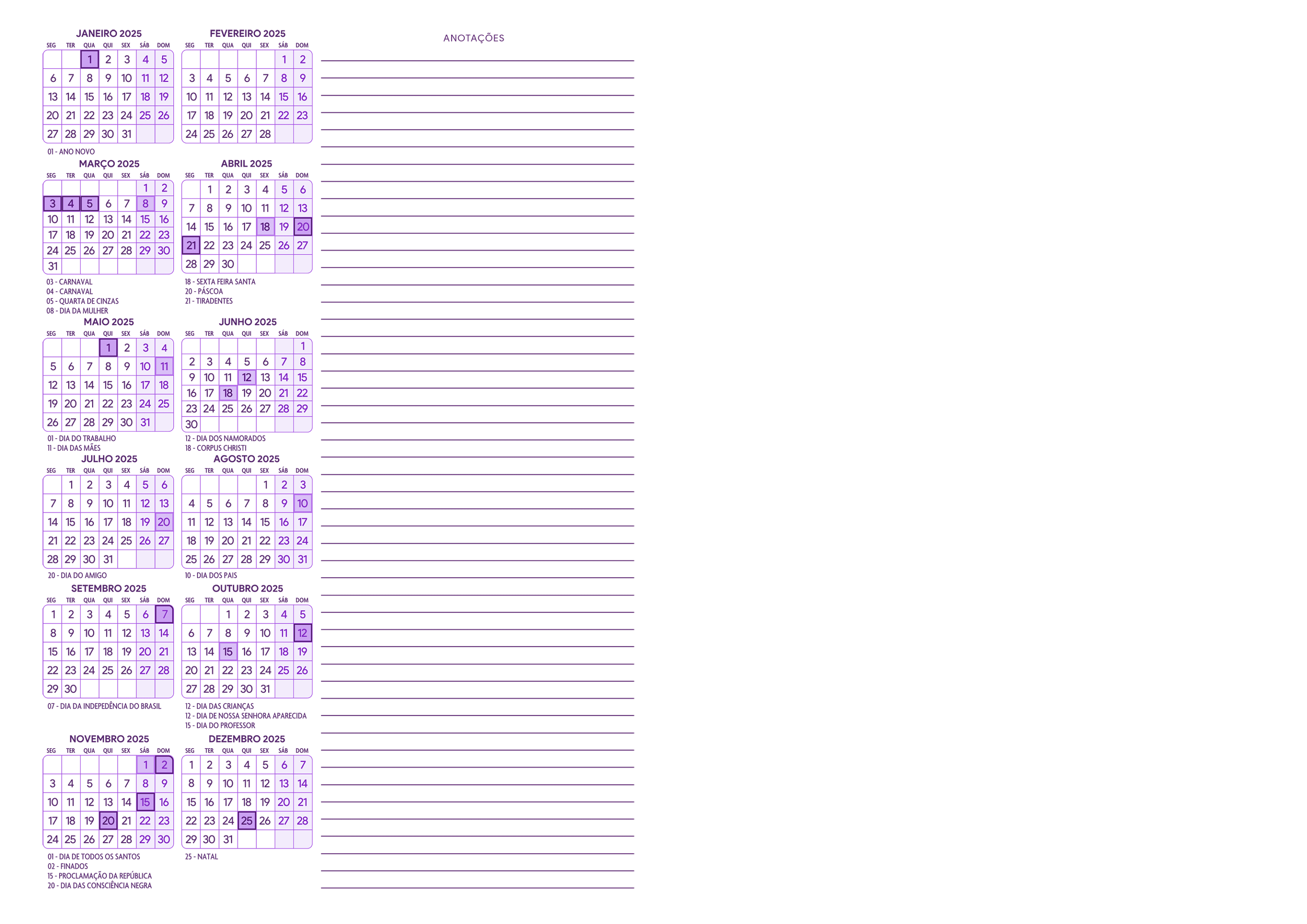 Calendario 2025 Meia A4 A5 Roxo