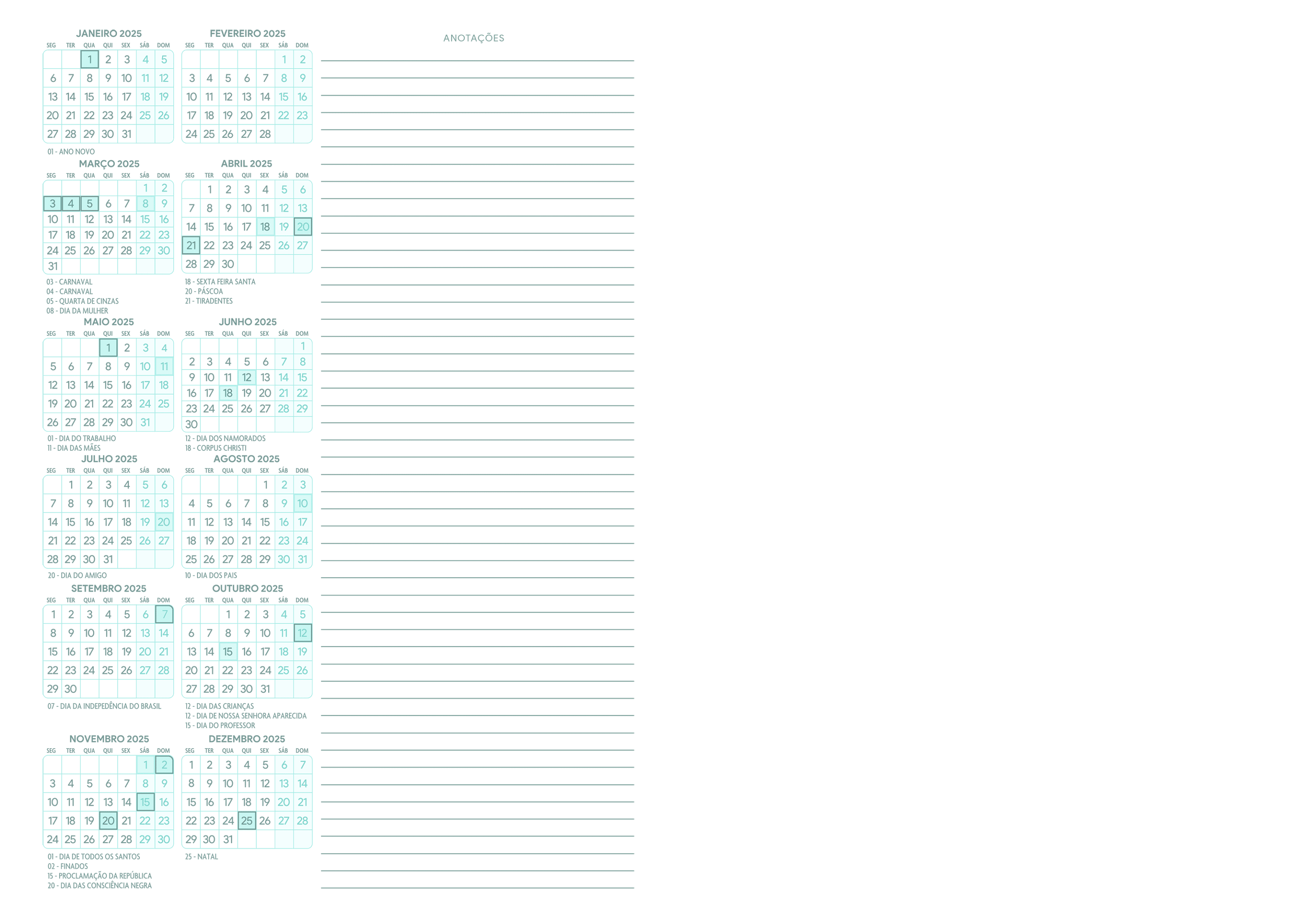 Calendario 2025 Meia A4 A5 Turquesa