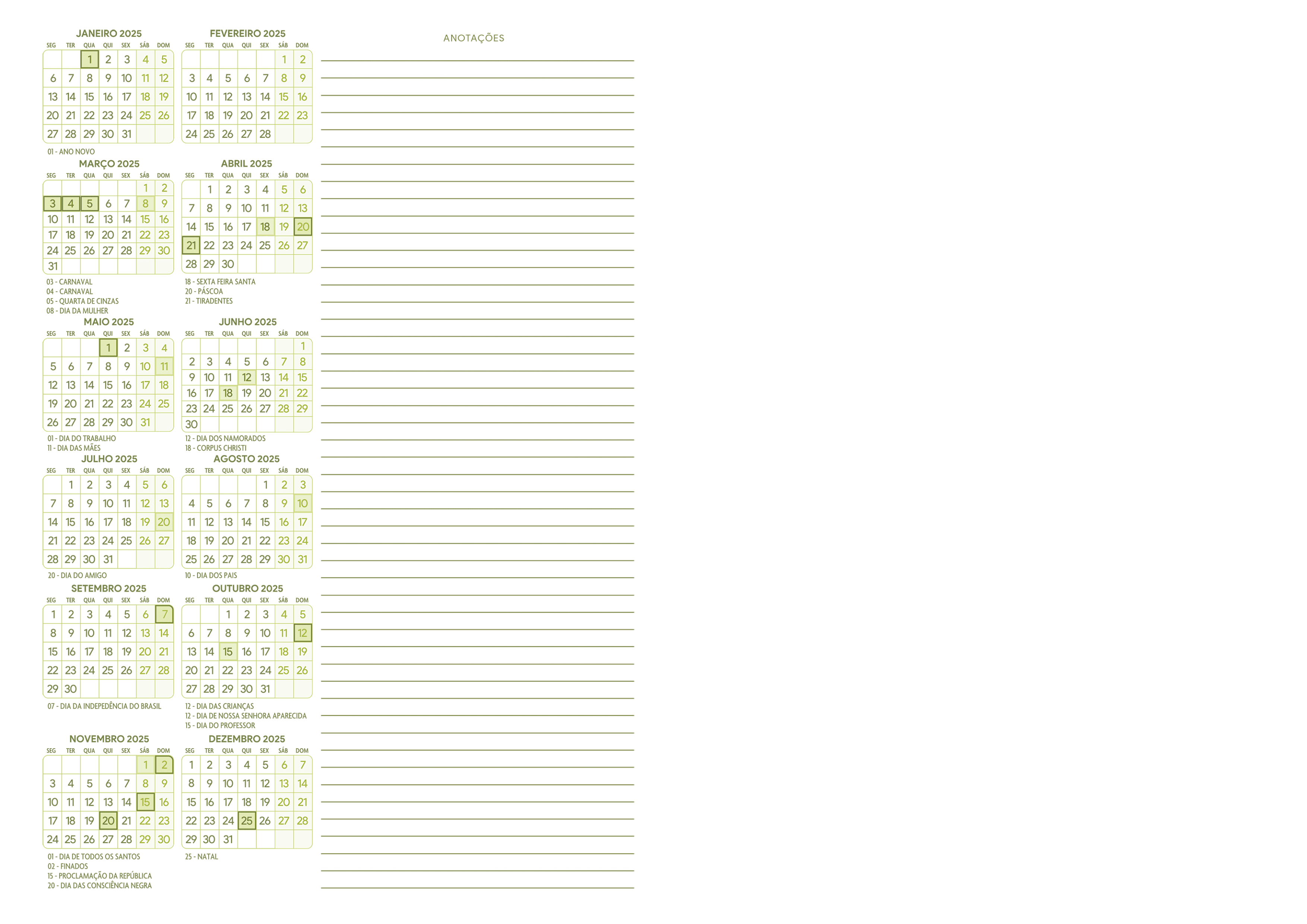 Calendario 2025 Meia A4 A5 Verde