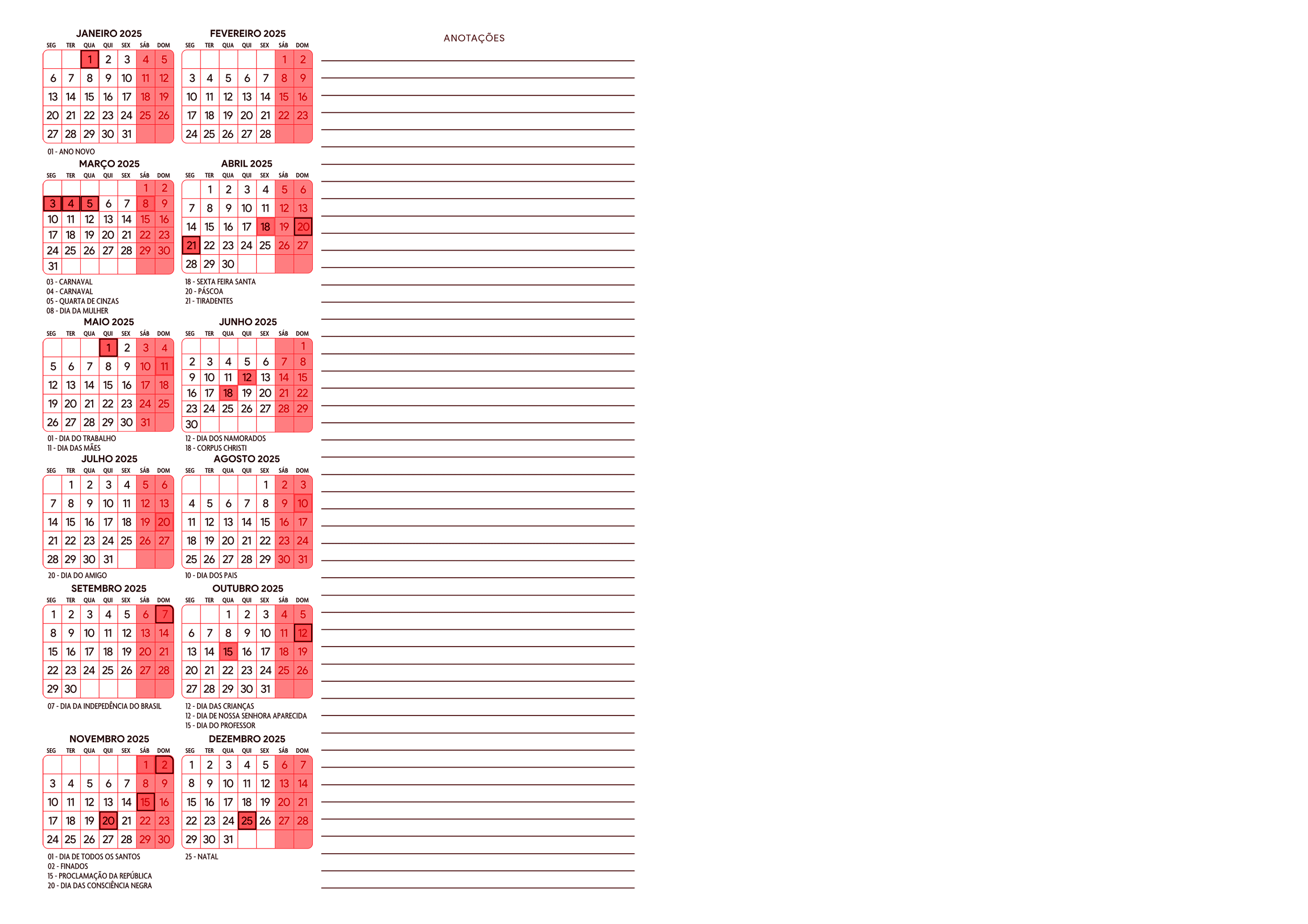 Calendario 2025 Meia A4 A5 Vermelho