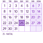 Calendario Dezembro 2025 Roxo