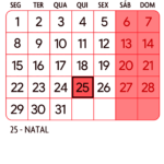 Calendario Dezembro 2025 Vermelho