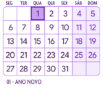 Calendario Janeiro 2025 Roxo