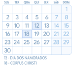 Calendario Junho 2025 Azul Claro