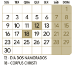 Calendario Junho 2025 Dourado